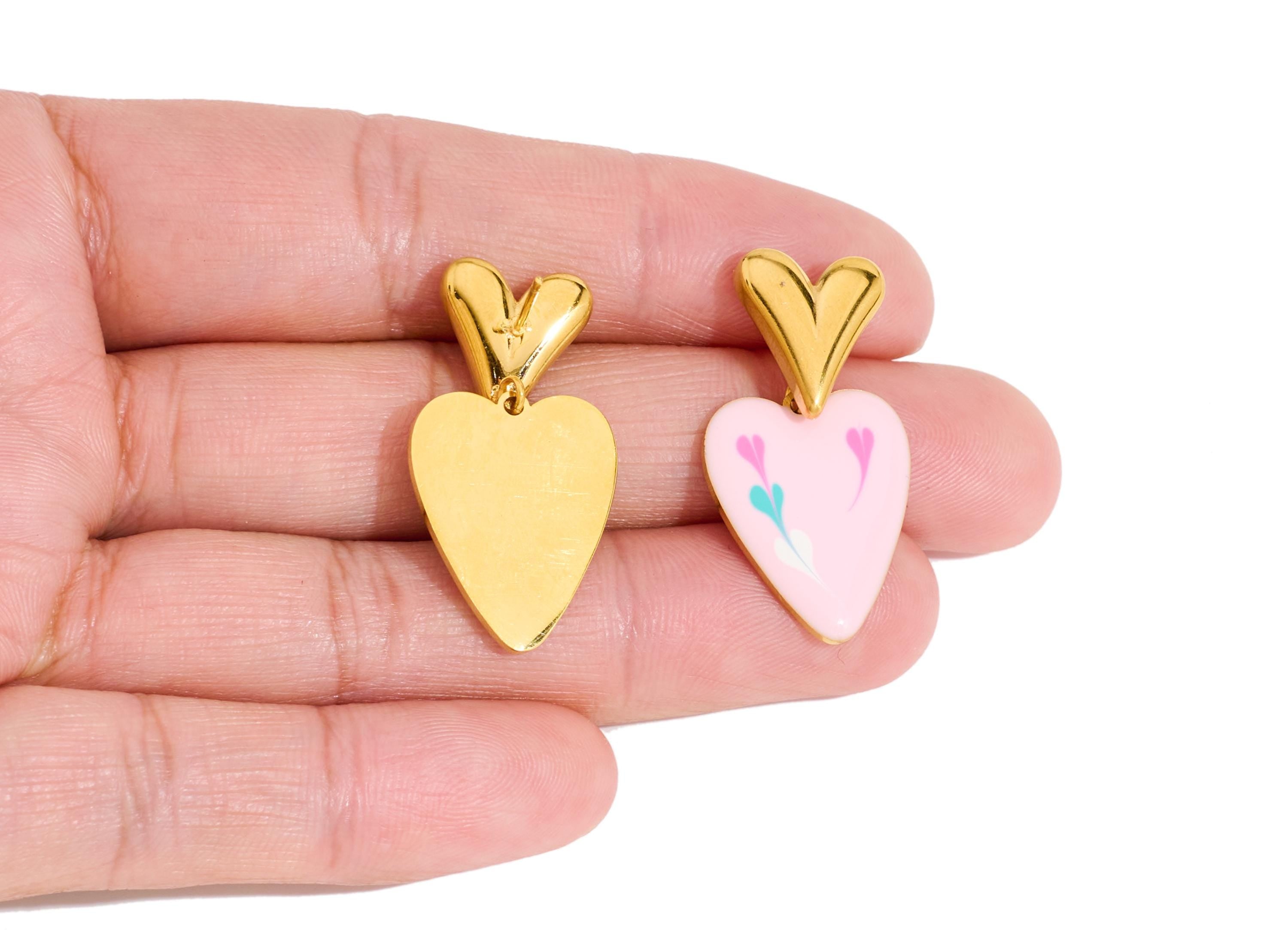 Stainless Steel Heart Stud - Steel Pink Enamel Heart Earring Post - Modern Gold Heart Jewelry - Gold Vacuum Plated - 31x15.95x2mm - SS2231 - DOMEDBAZAAR