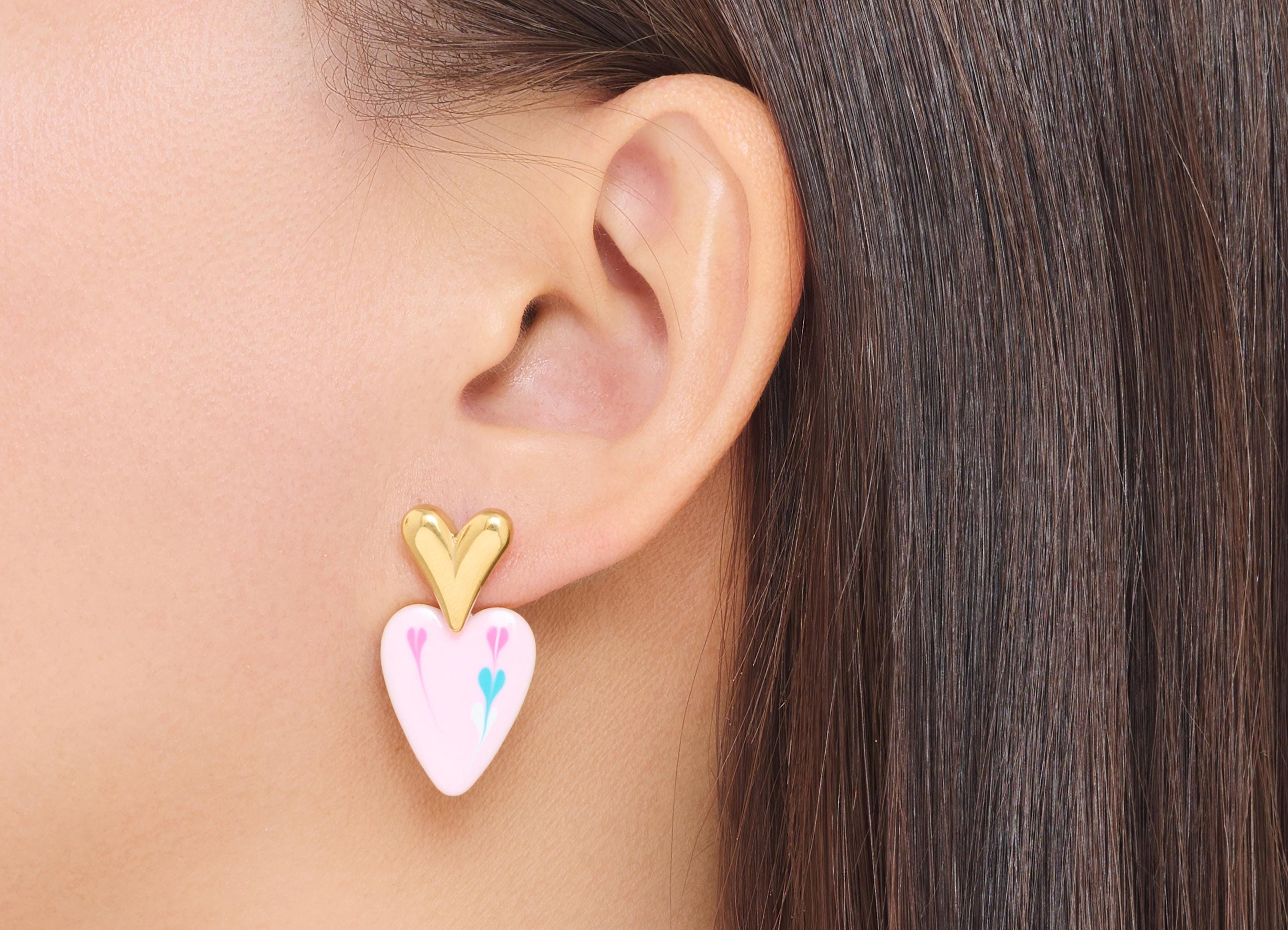 Stainless Steel Heart Stud - Steel Pink Enamel Heart Earring Post - Modern Gold Heart Jewelry - Gold Vacuum Plated - 31x15.95x2mm - SS2231 - DOMEDBAZAAR