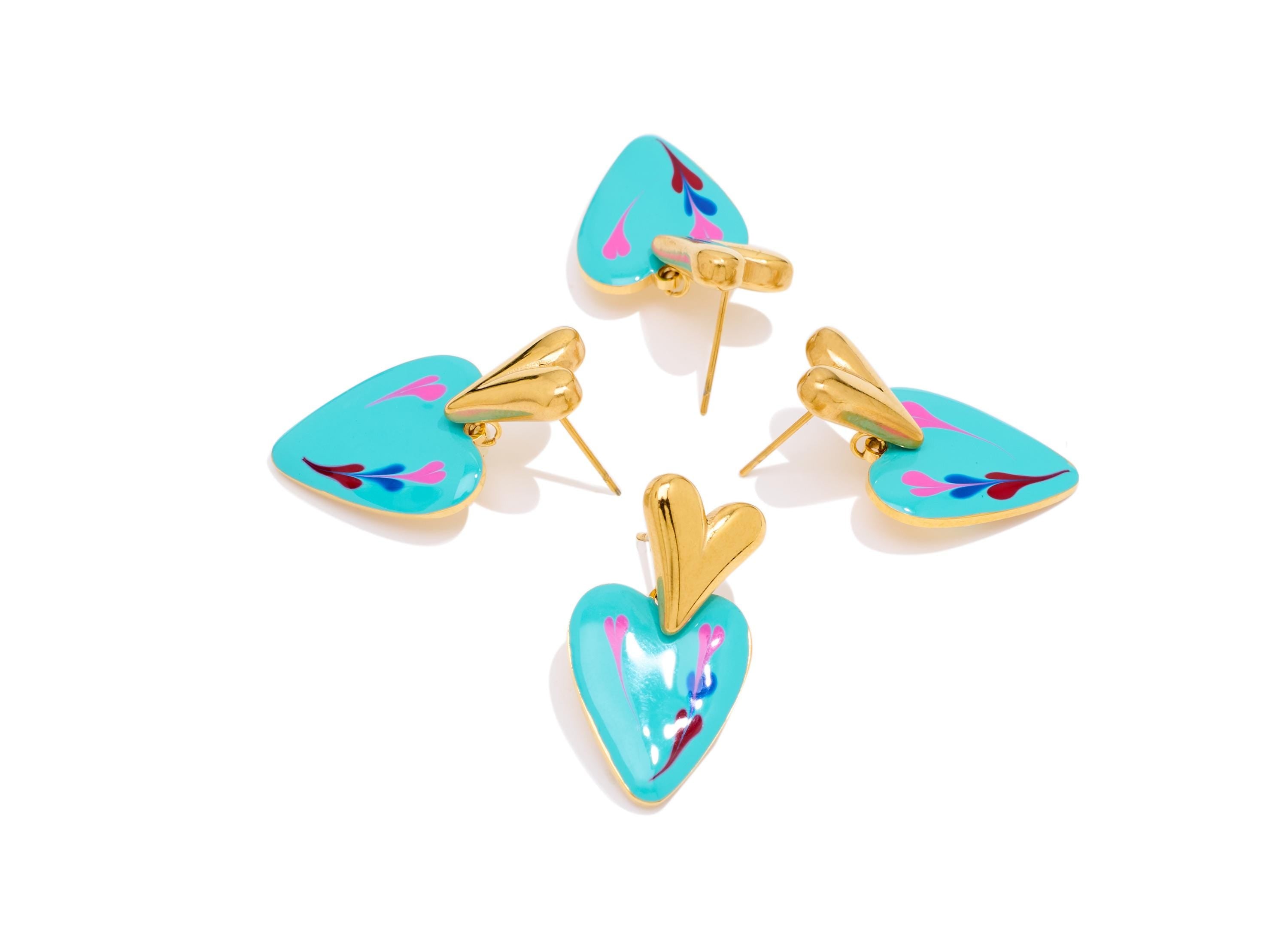 Stainless Steel Heart Stud - Steel Blue Enamel Heart Earring Post - Modern Gold Heart Jewelry - Gold Vacuum Plated - 31x15.95x2mm - SS2232 - DOMEDBAZAAR