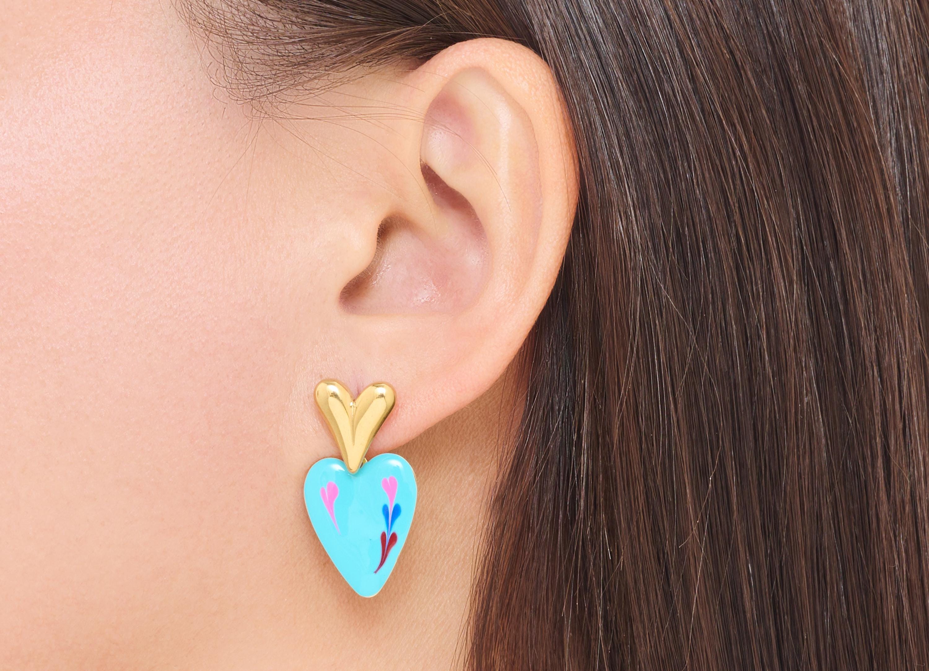 Stainless Steel Heart Stud - Steel Blue Enamel Heart Earring Post - Modern Gold Heart Jewelry - Gold Vacuum Plated - 31x15.95x2mm - SS2232 - DOMEDBAZAAR
