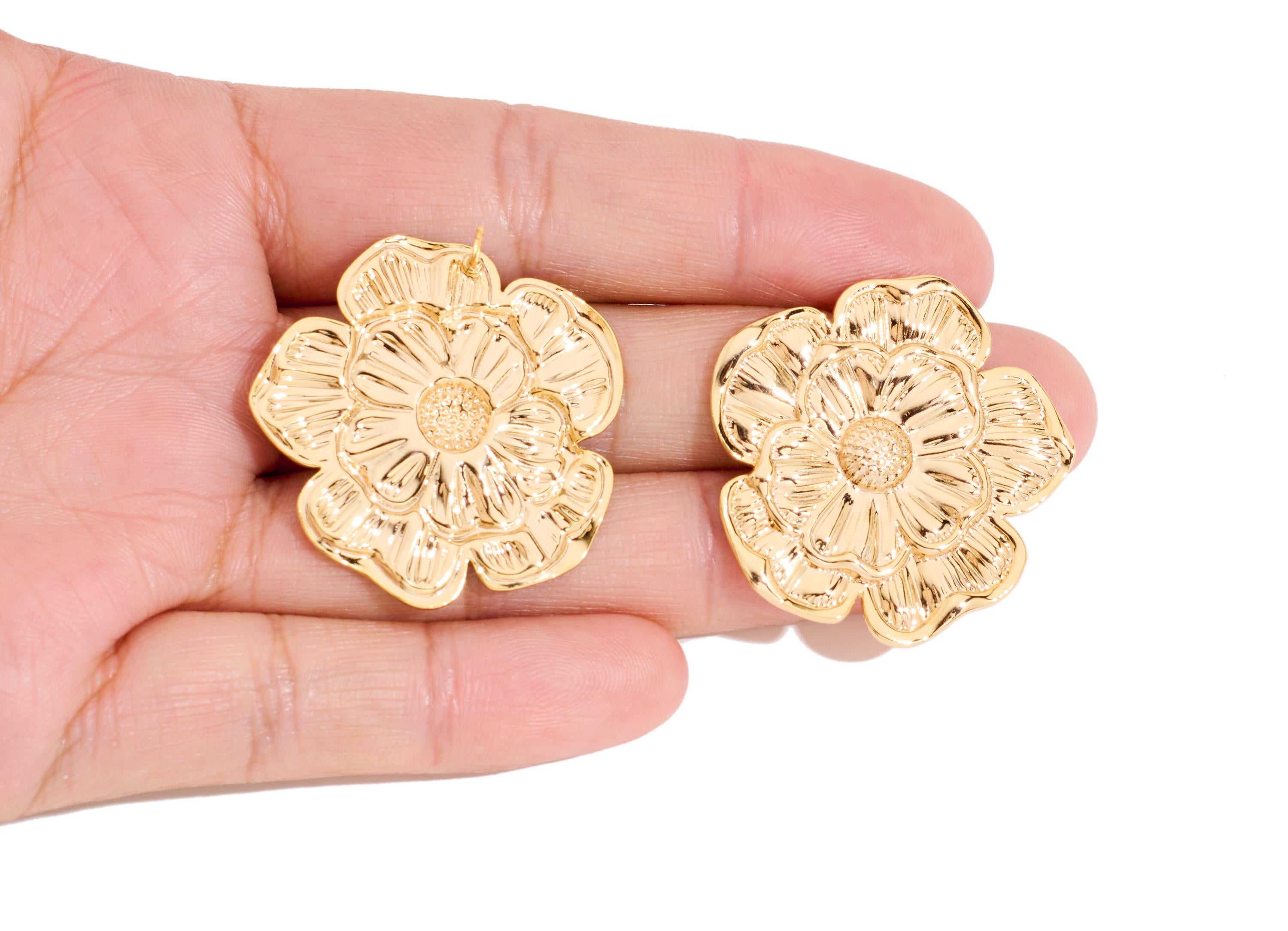 Brass Floral Earring Post - Textured Flower Botanical Earring Stud - Bold Gold Petal Jewelry - 18K Real Gold Plated - 33x32x2.35mm -RGP10417 - DOMEDBAZAAR