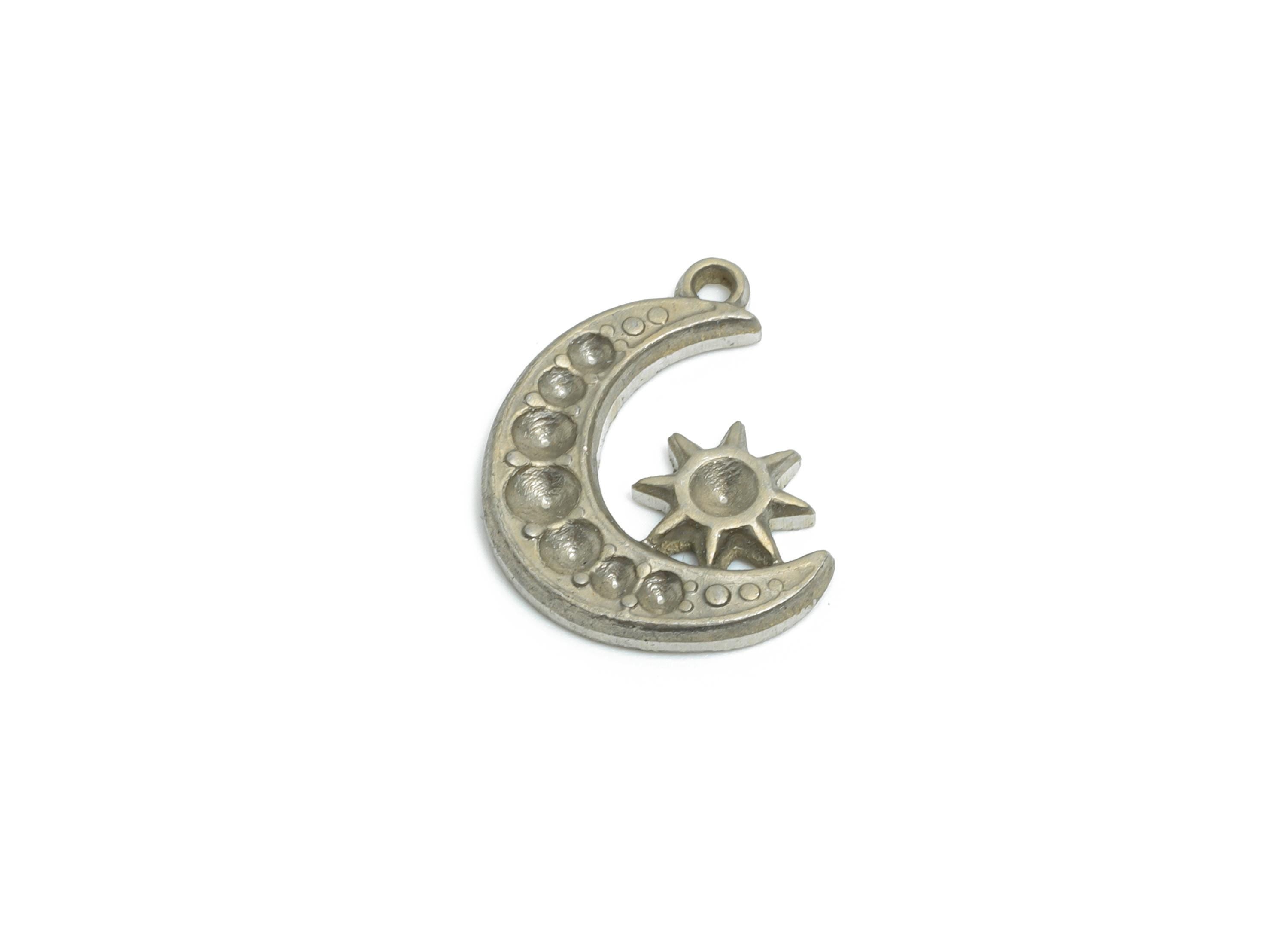 Stainless Steel Crescent Charm - Textured Celestial Sun and Moon Pendant - 304 Stainless Steel - Steel Accessory - 14.8x10.67x1.58mm -SS2009 - DOMEDBAZAAR