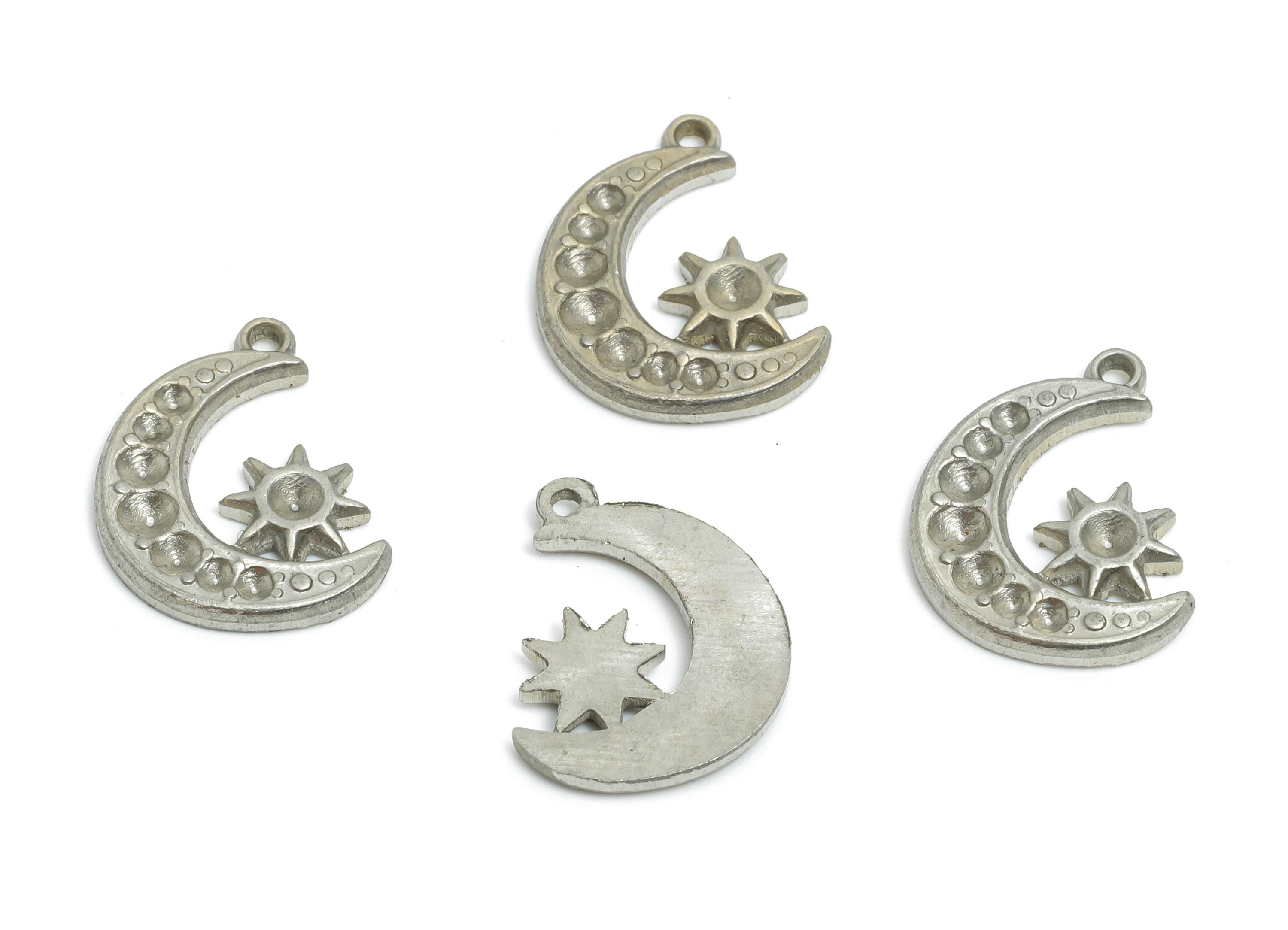 Stainless Steel Crescent Charm - Textured Celestial Sun and Moon Pendant - 304 Stainless Steel - Steel Accessory - 14.8x10.67x1.58mm -SS2009 - DOMEDBAZAAR