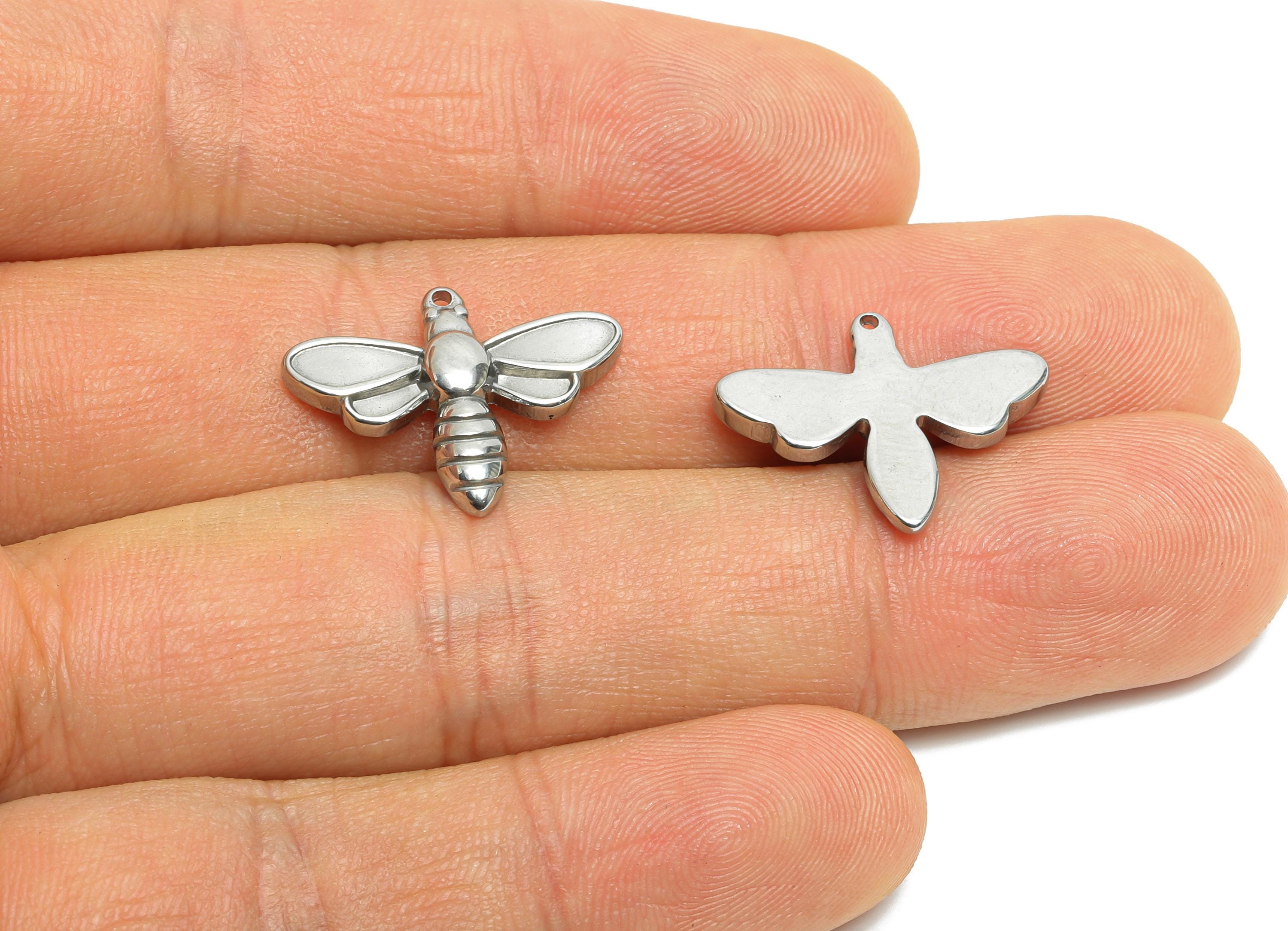 Stainless Steel Bee Charms - Modern Bee Insect Charms - Minimalist Silver Insect Pendant - Detailed Steel Jewelry - 16x20.6x2.75mm - SS1997 - DOMEDBAZAAR