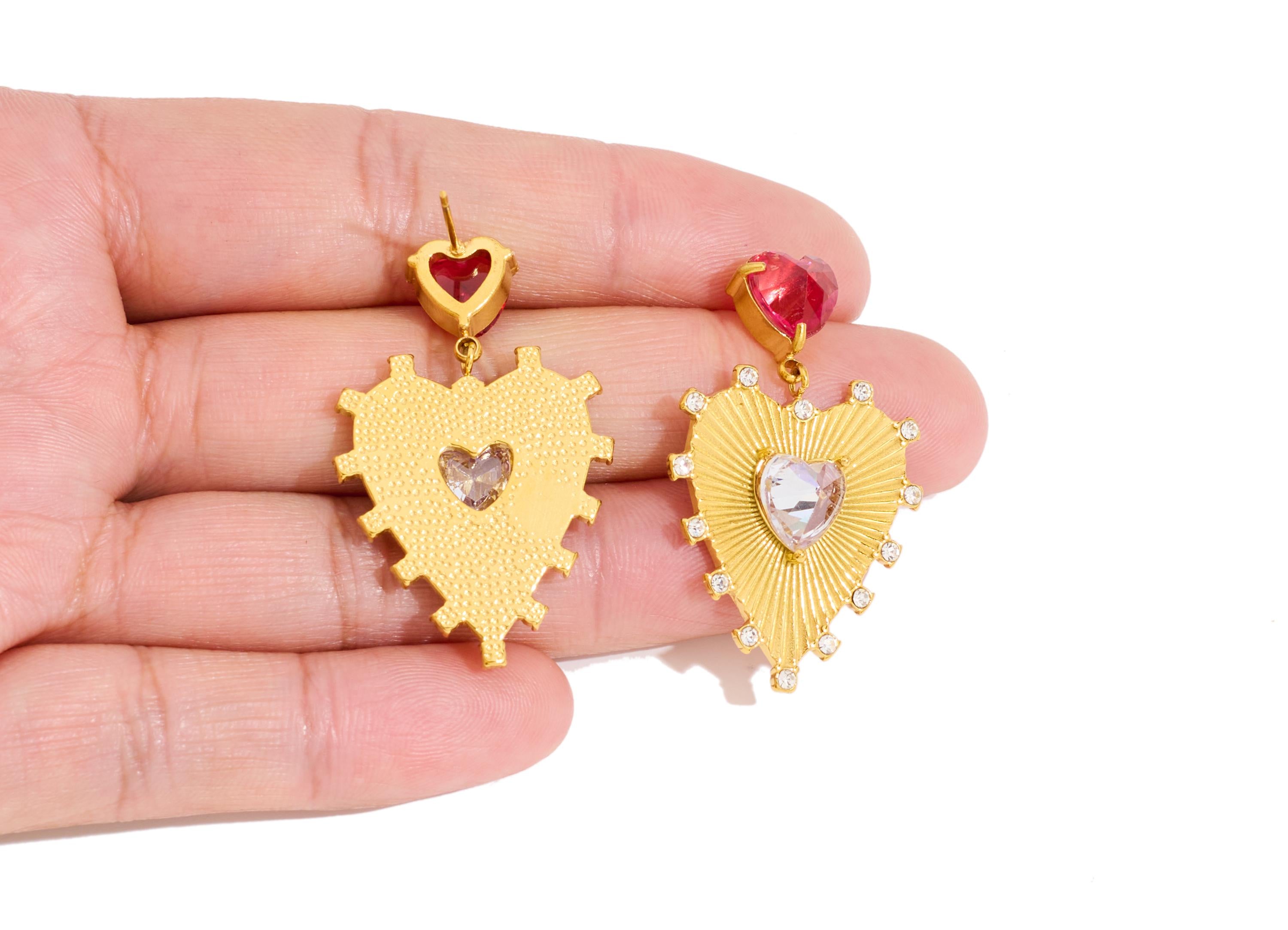 Stainless Steel Dangle Heart Stud - Gold Romantic Hanging CZ Earring Post - Steel Crystal Glass Stud - Gold Vacuum Plated -37x23x6mm -SS2236 - DOMEDBAZAAR