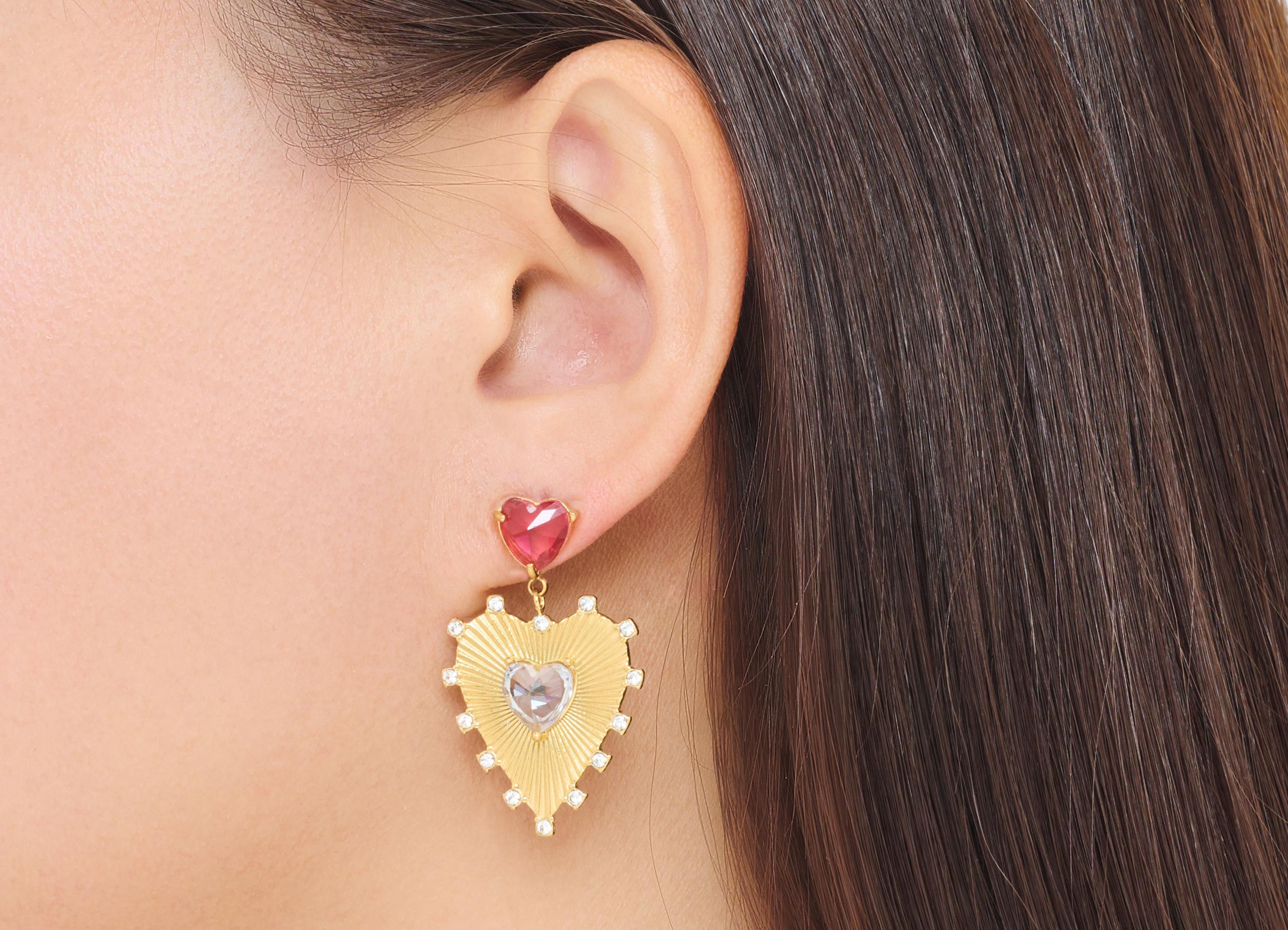 Stainless Steel Dangle Heart Stud - Gold Romantic Hanging CZ Earring Post - Steel Crystal Glass Stud - Gold Vacuum Plated -37x23x6mm -SS2236 - DOMEDBAZAAR