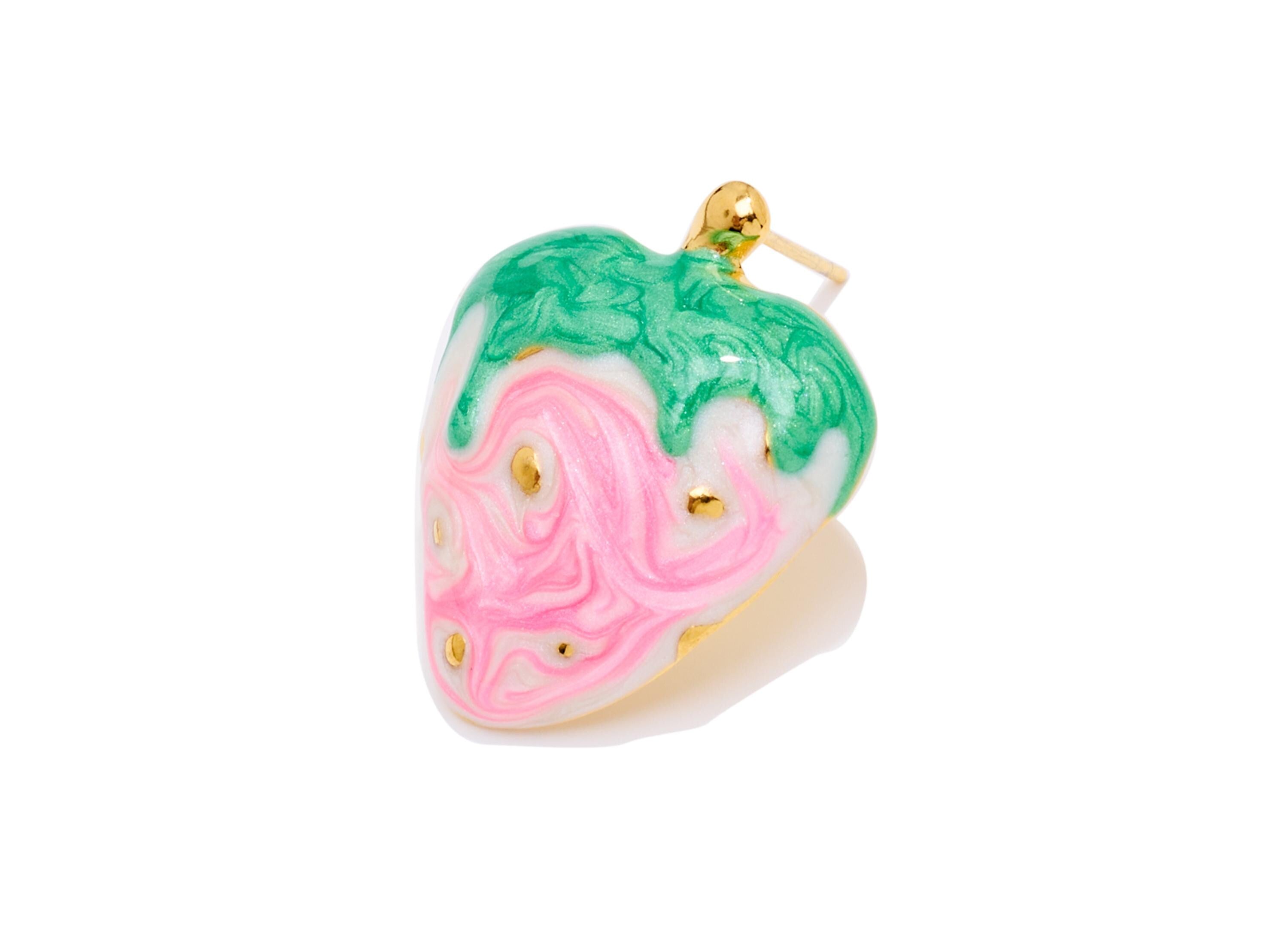 Stainless Steel Strawberry Stud - Colorful Steel Enamel Fruit Earring Post - Modern Gold Jewelry - Gold Vacuum Plated - 24x19x4mm - SS2237 - DOMEDBAZAAR
