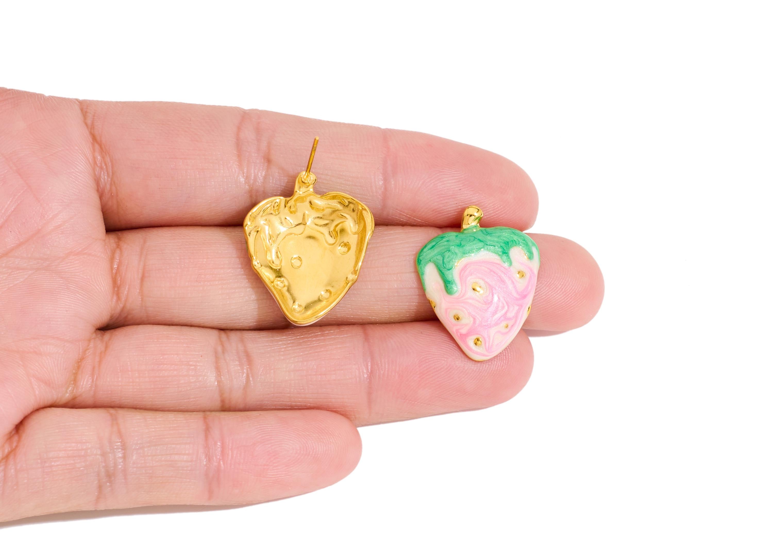 Stainless Steel Strawberry Stud - Colorful Steel Enamel Fruit Earring Post - Modern Gold Jewelry - Gold Vacuum Plated - 24x19x4mm - SS2237 - DOMEDBAZAAR