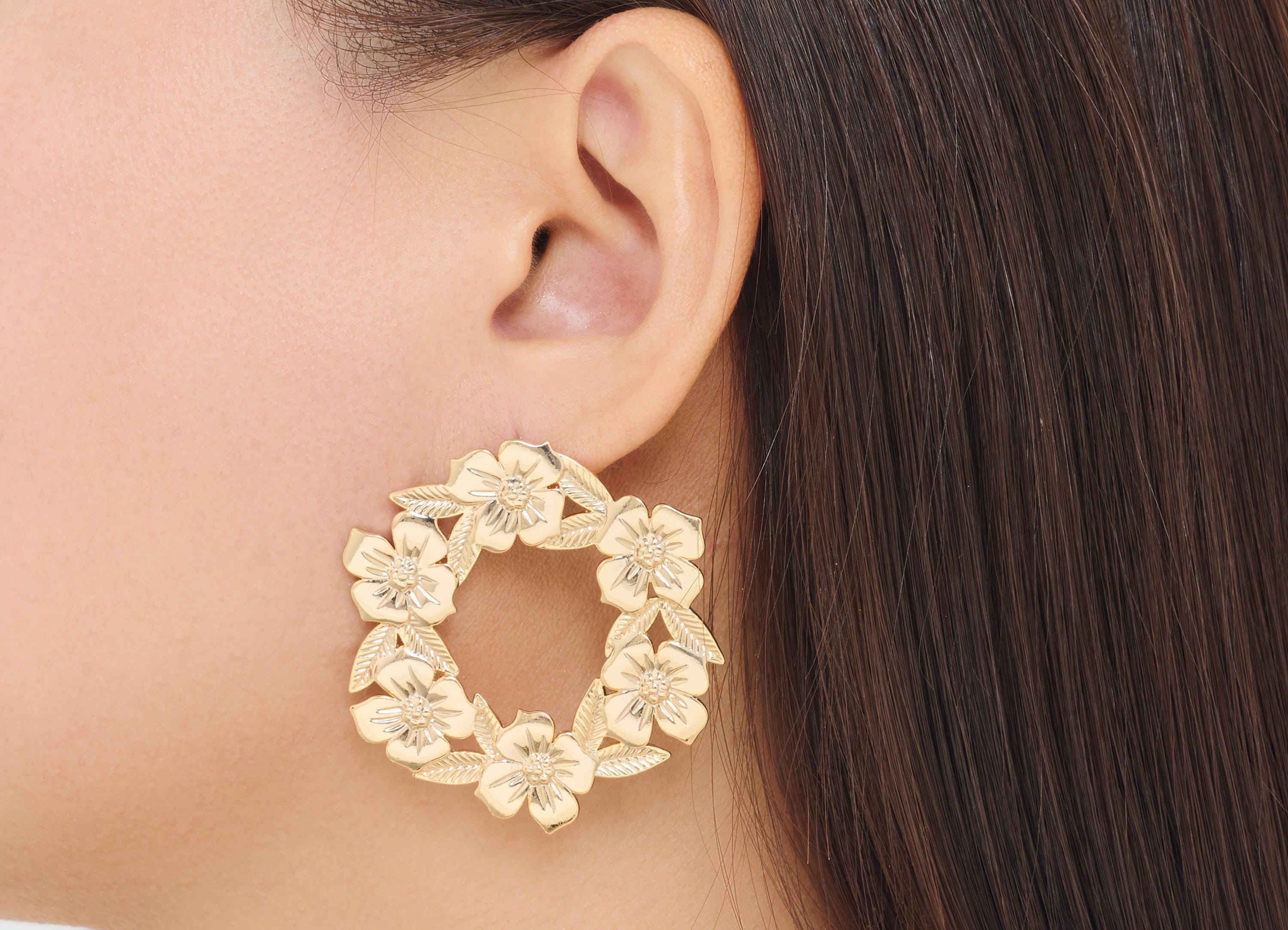 Brass Branch Hoop Earring Post - Textured Intricate Petal and Leaf Stud - Gold Botanical Jewelry - 18K Real Gold Plated - 47x44x1mm-RGP10418 - DOMEDBAZAAR