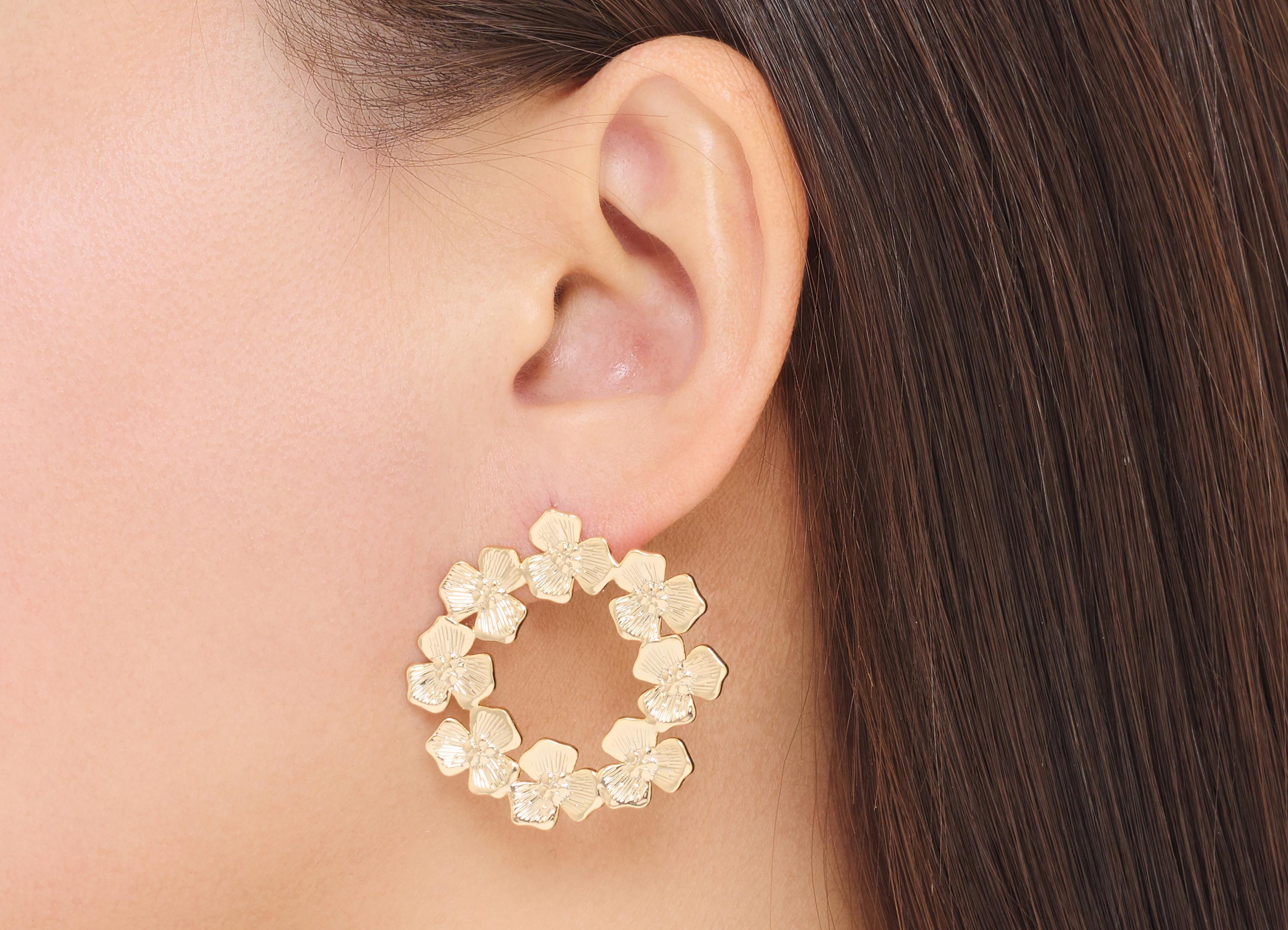 Brass Branch Hoop Earring Post - Elegant Textured Floral Stud - Gold Botanical Bloom Jewelry - 18K Real Gold Plated - 35x34x1mm - RGP10415 - DOMEDBAZAAR