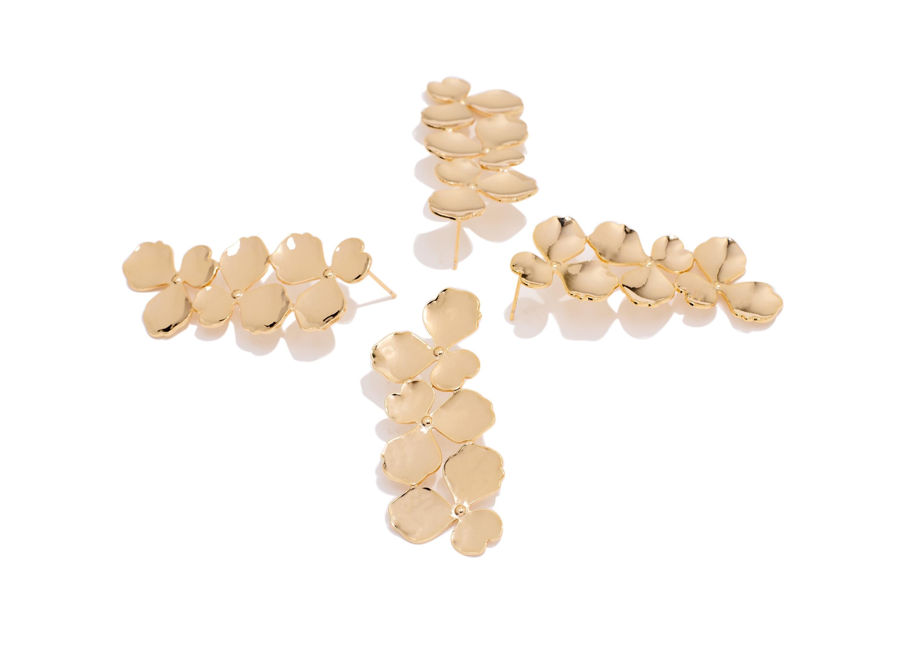 Brass Long Flower Earring Post - Statement Petal Cascade Stud - Gold Botanical Jewelry Making - 18K Real Gold Plated - 51x20x2mm -RGP10419 - DOMEDBAZAAR