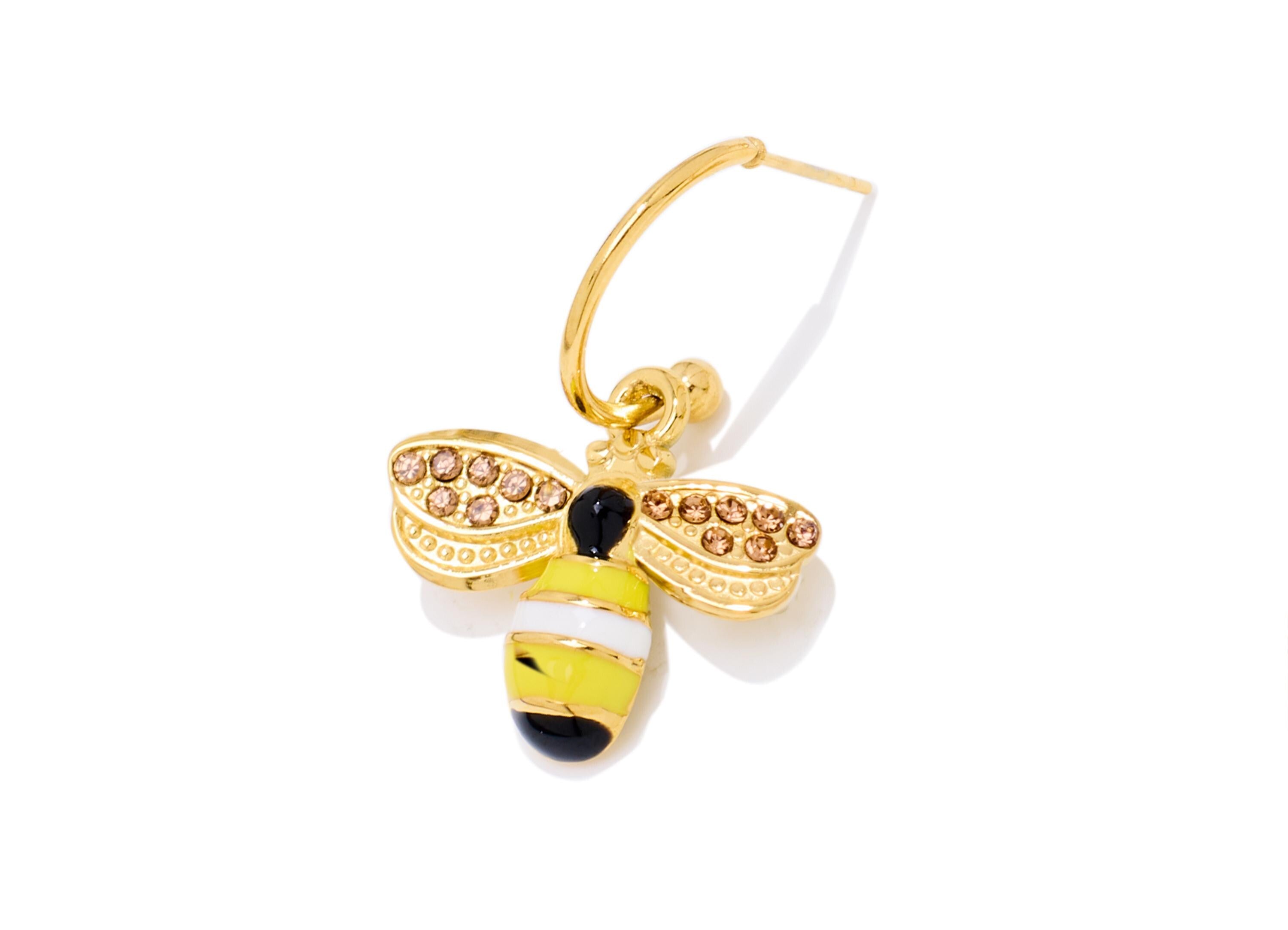 Stainless Steel Dangle Bee Stud - Gold Enamel CZ Hanging C Hoop Post - Statement Steel Stud - Gold Vacuum Plated - 31x21x2.37mm - SS2233 - DOMEDBAZAAR