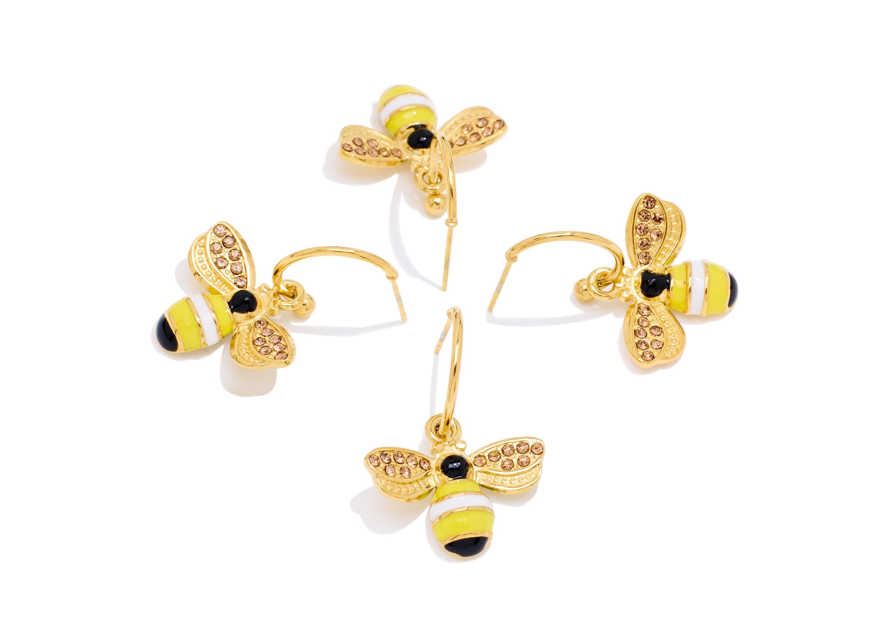 Stainless Steel Dangle Bee Stud - Gold Enamel CZ Hanging C Hoop Post - Statement Steel Stud - Gold Vacuum Plated - 31x21x2.37mm - SS2233 - DOMEDBAZAAR