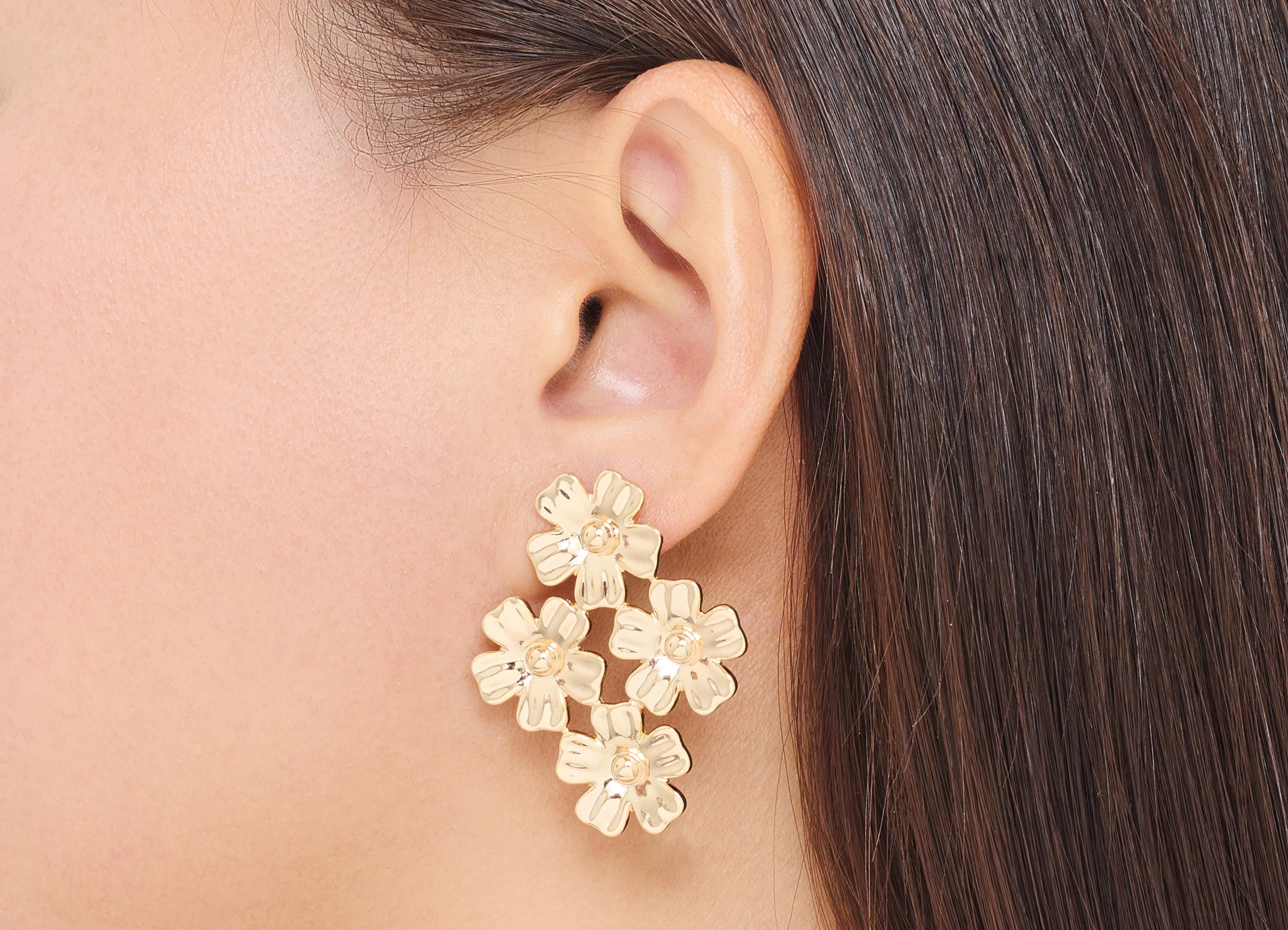 Brass Floral Cluster Earring Post - Statement Gold Petal Stud - Artistic Botanical Jewelry - 18K Real Gold Plated - 41x31.7x2mm - RGP10421 - DOMEDBAZAAR