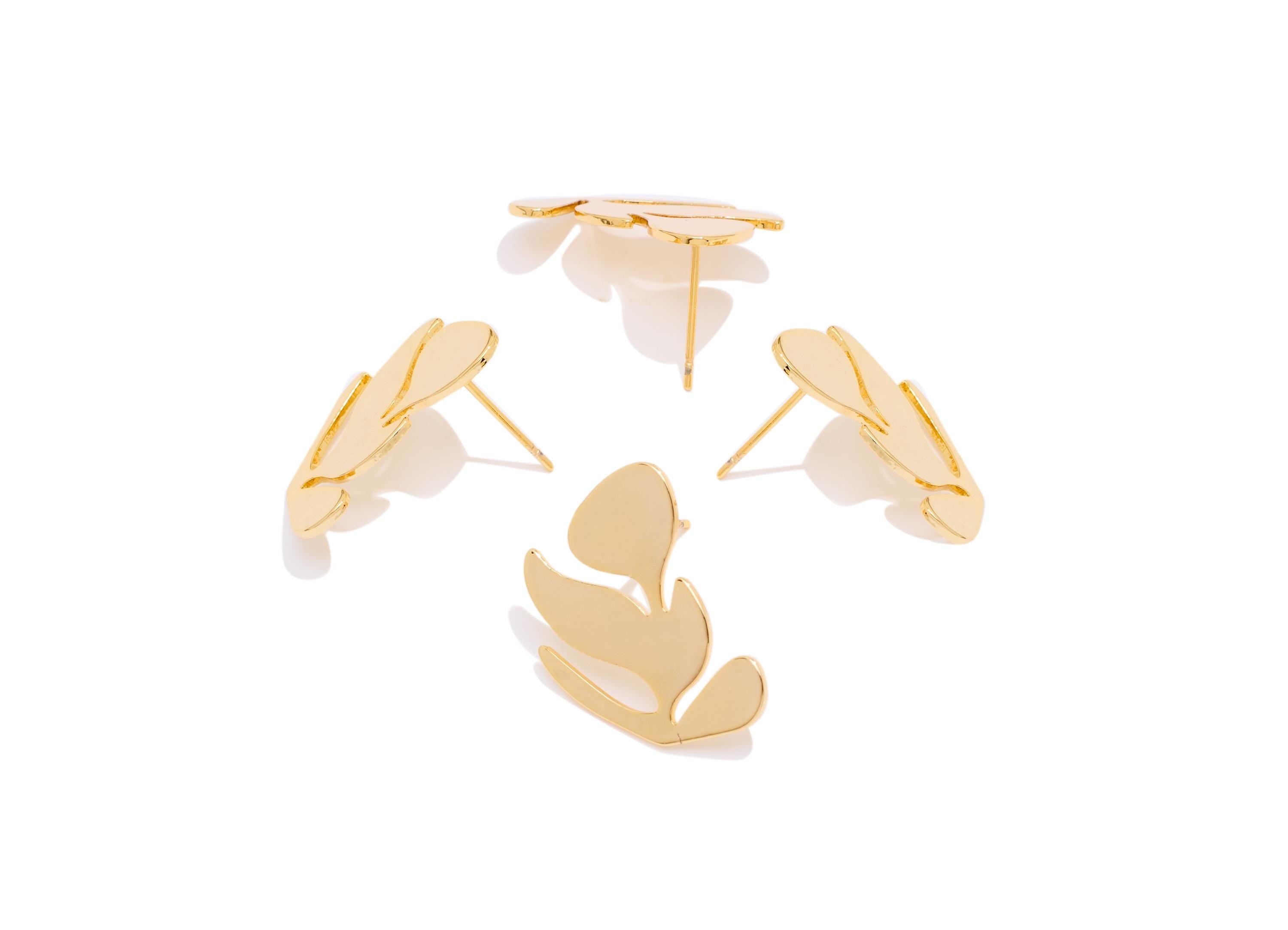 Brass Leaf Earring Post - Statement Gold Leaf Earring Stud - Minimalist Botanical Jewelry - 18K Real Gold Plated -21.6x15.4x0.93mm -RGP10422 - DOMEDBAZAAR