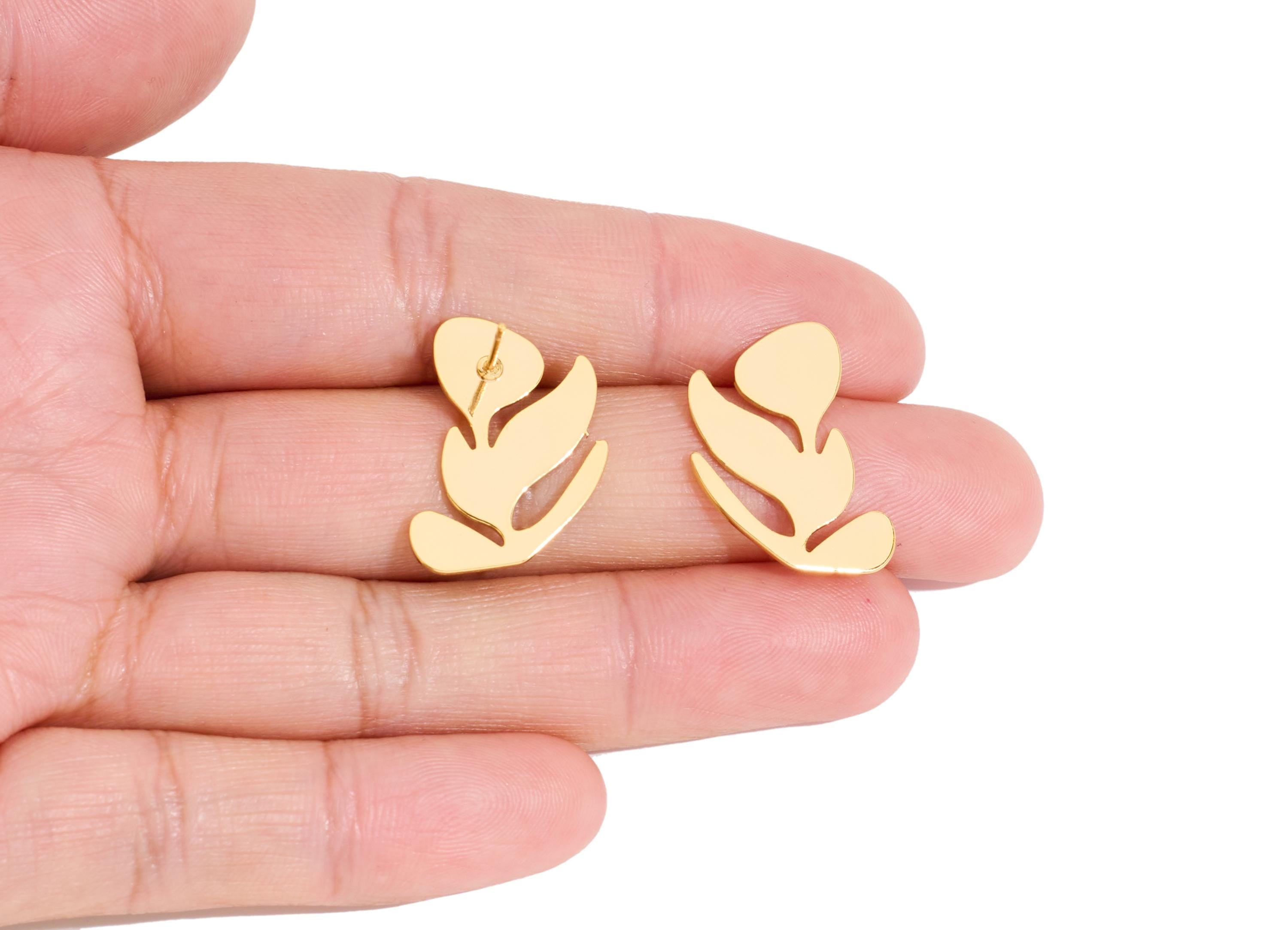 Brass Leaf Earring Post - Statement Gold Leaf Earring Stud - Minimalist Botanical Jewelry - 18K Real Gold Plated -21.6x15.4x0.93mm -RGP10422 - DOMEDBAZAAR