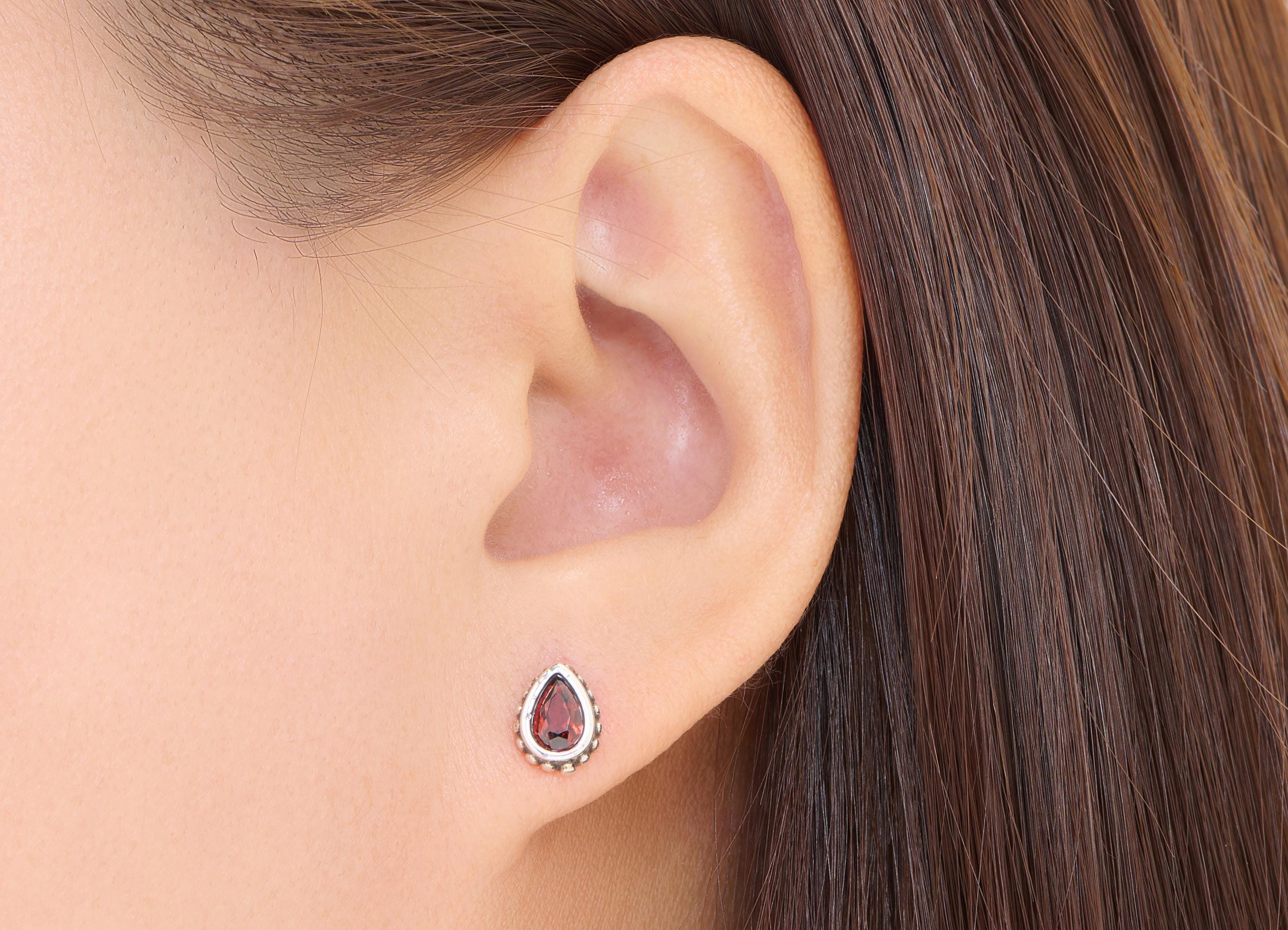Garnet Teardrop Earring Stud - Brass Drop Gemstone Earring Post - Minimalist Everyday Wear Jewelry Making - White K Plated - 8x6x3mm -NS2566 - DOMEDBAZAAR