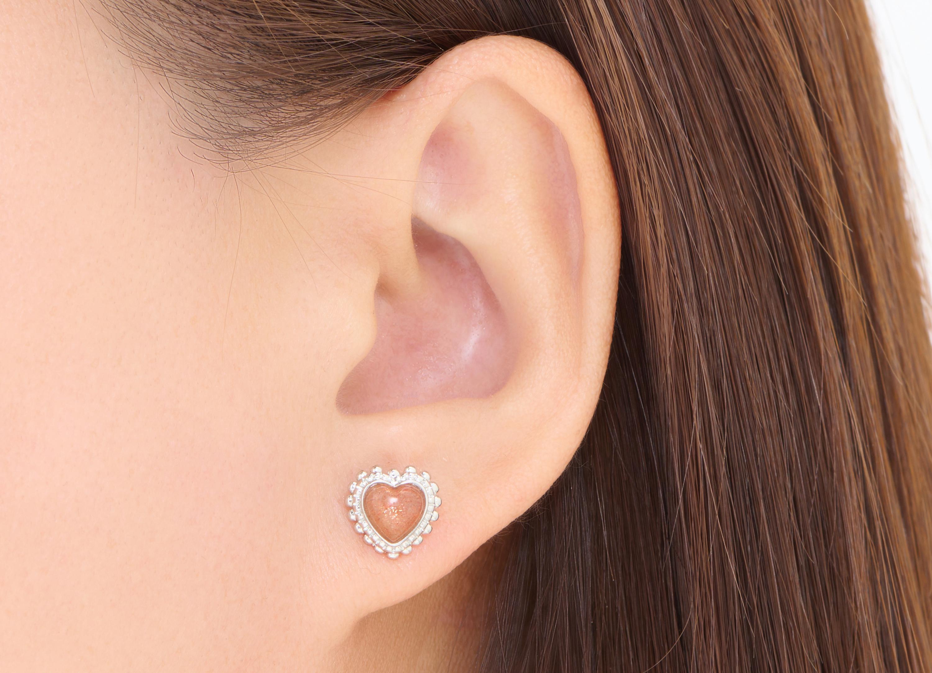 Sunstone Heart Earring Stud - Brass Sunstone Stone Handcrafted Heart Earring - Romantic Jewelry Making - White K Plated - 10x9x5mm - NS2673 - DOMEDBAZAAR