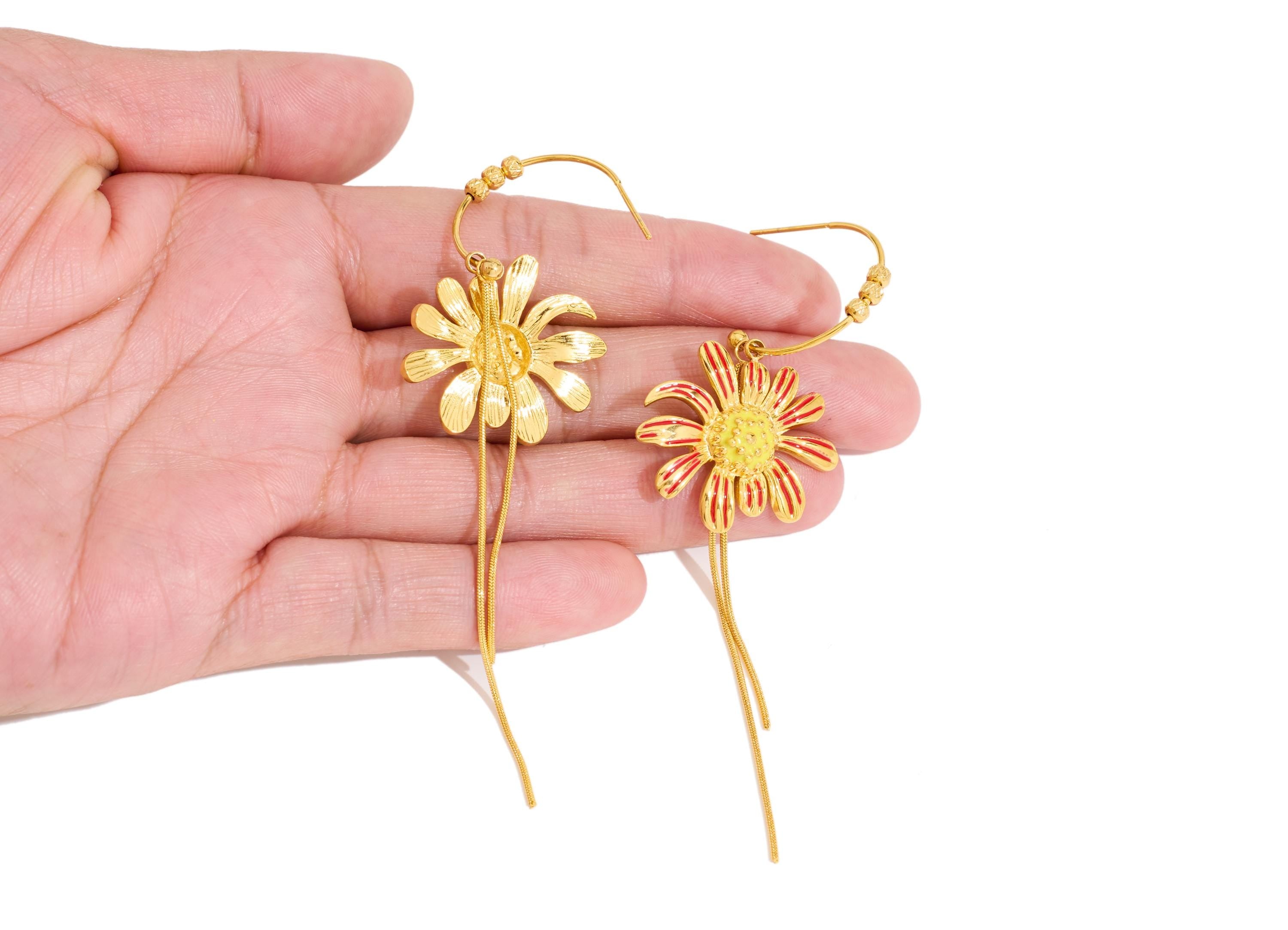 Stainless Steel Dangle Daisy Stud - Gold Enamel C Hoop Tassel Post - Statement Steel Flower Stud - Gold Vacuum Plated - 92x26x3.8mm - SS2225 - DOMEDBAZAAR