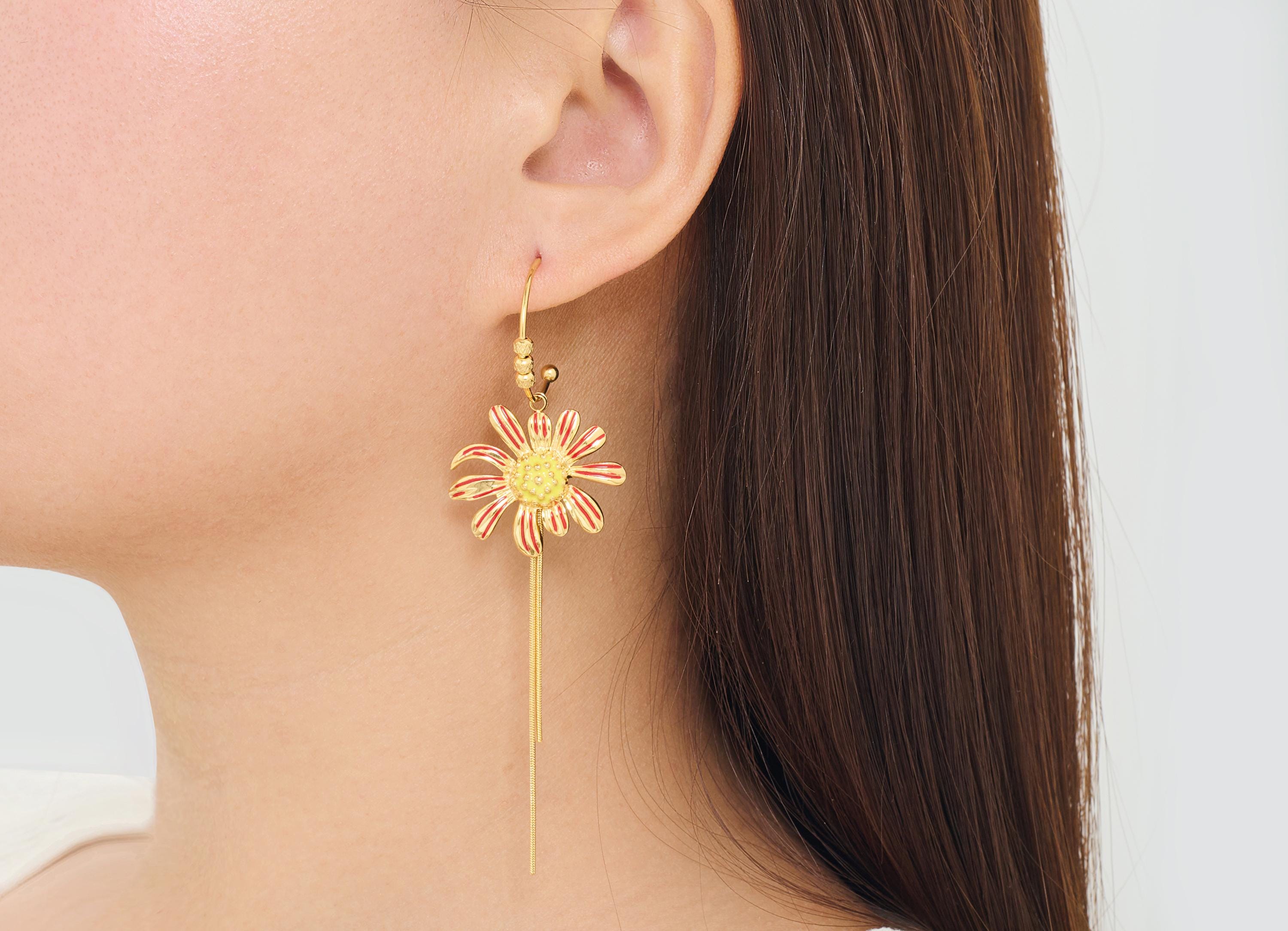 Stainless Steel Dangle Daisy Stud - Gold Enamel C Hoop Tassel Post - Statement Steel Flower Stud - Gold Vacuum Plated - 92x26x3.8mm - SS2225 - DOMEDBAZAAR