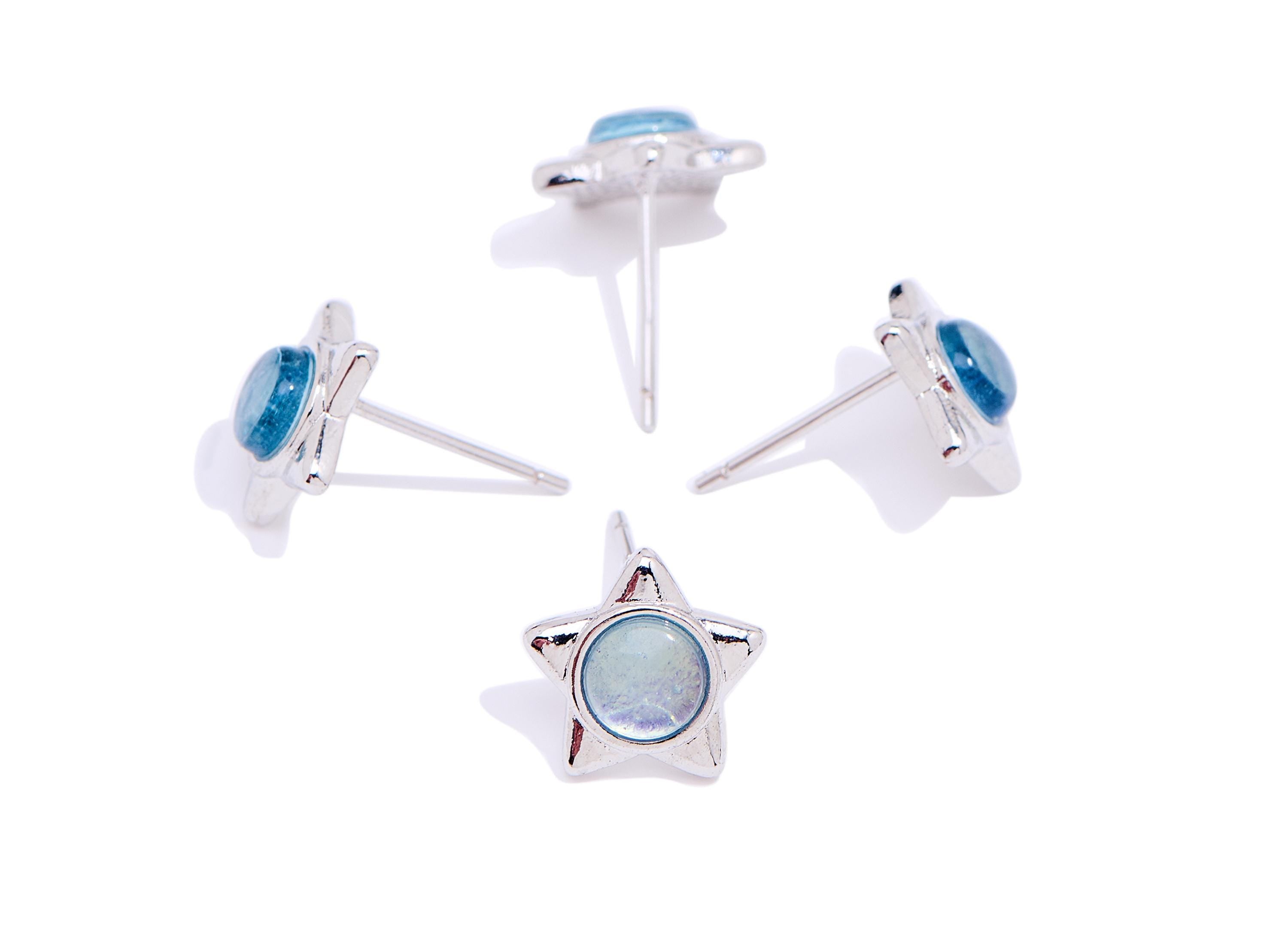 Aquamarine Brass Star Stud - Silver Gemstone Earring Post - Minimalist Jewelry Making - Silver Stud - White K Plated - 10x9.8x3.5mm - NS2589 - DOMEDBAZAAR