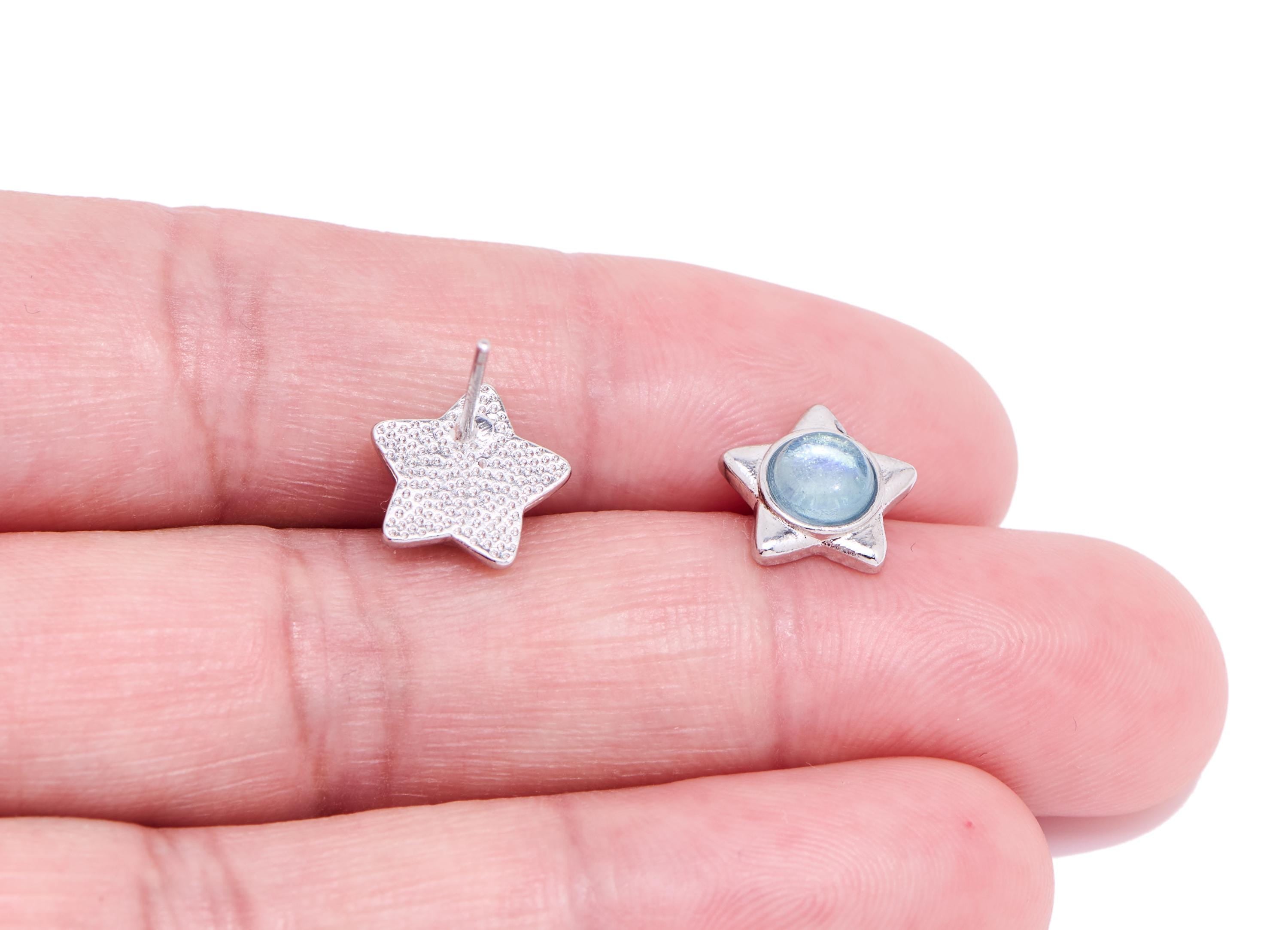 Aquamarine Brass Star Stud - Silver Gemstone Earring Post - Minimalist Jewelry Making - Silver Stud - White K Plated - 10x9.8x3.5mm - NS2589 - DOMEDBAZAAR