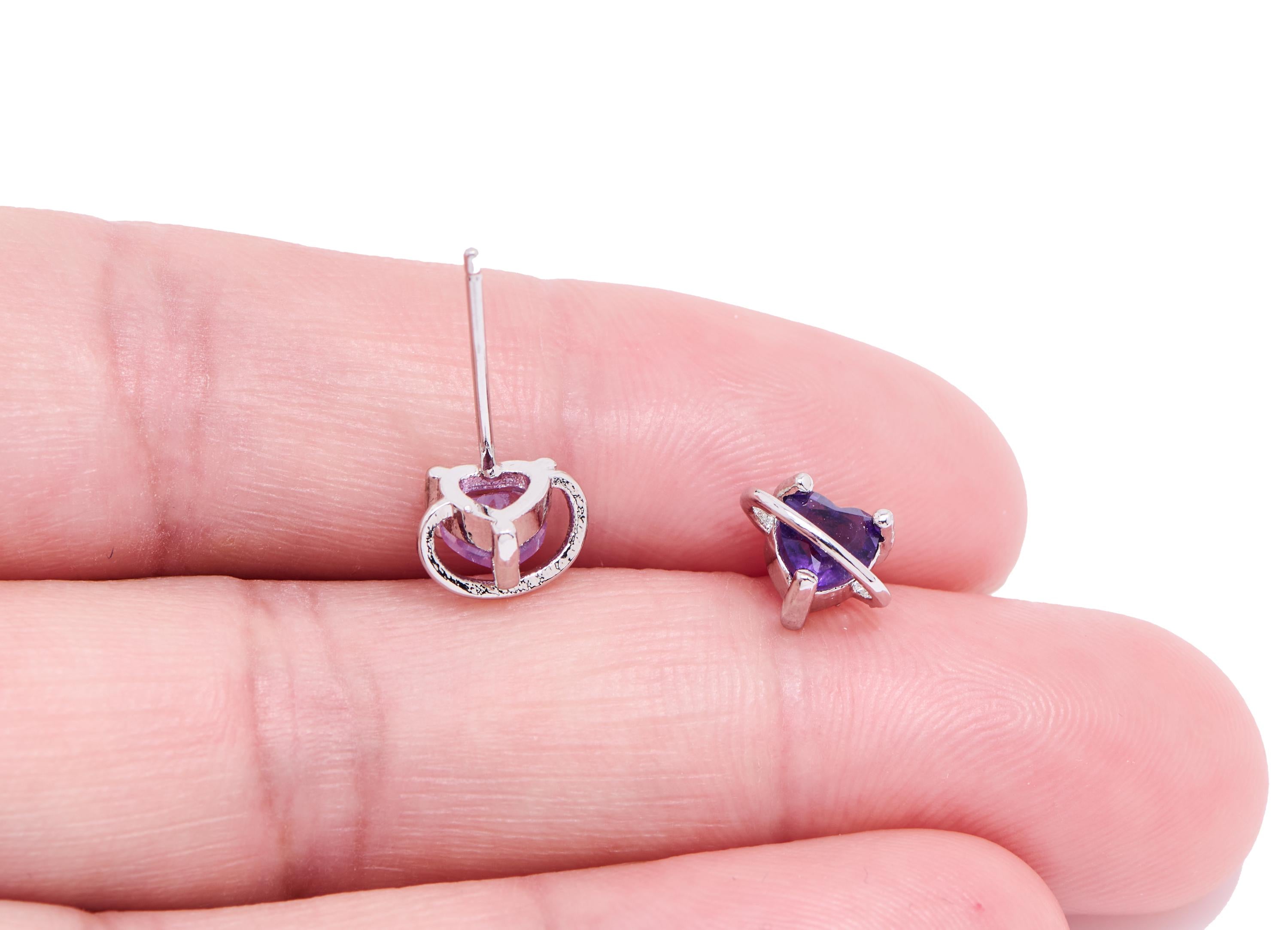 Brass Amethyst Heart Planet Stud - Silver Gemstone Earring Post - Refined Jewelry Making - Silver Stud - White K Plated - 7.6x6x5mm - NS2648 - DOMEDBAZAAR