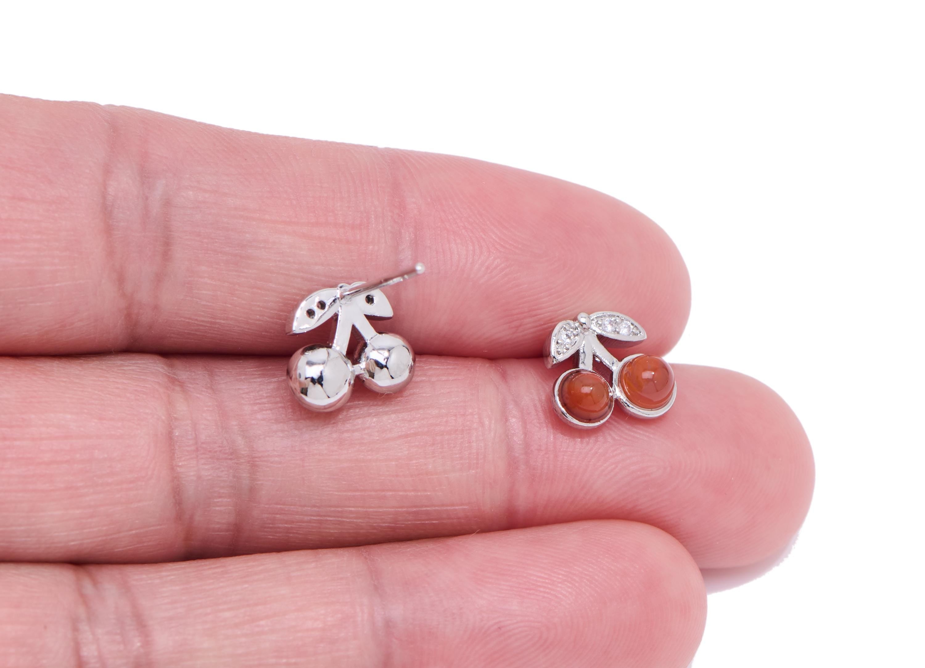 Red Agate Cherry Earring Stud - Brass Stone Dainty Fruit Earring - Dainty Jewelry Making For Woman - White K Plated - 10x8x4mm - NS2563 - DOMEDBAZAAR