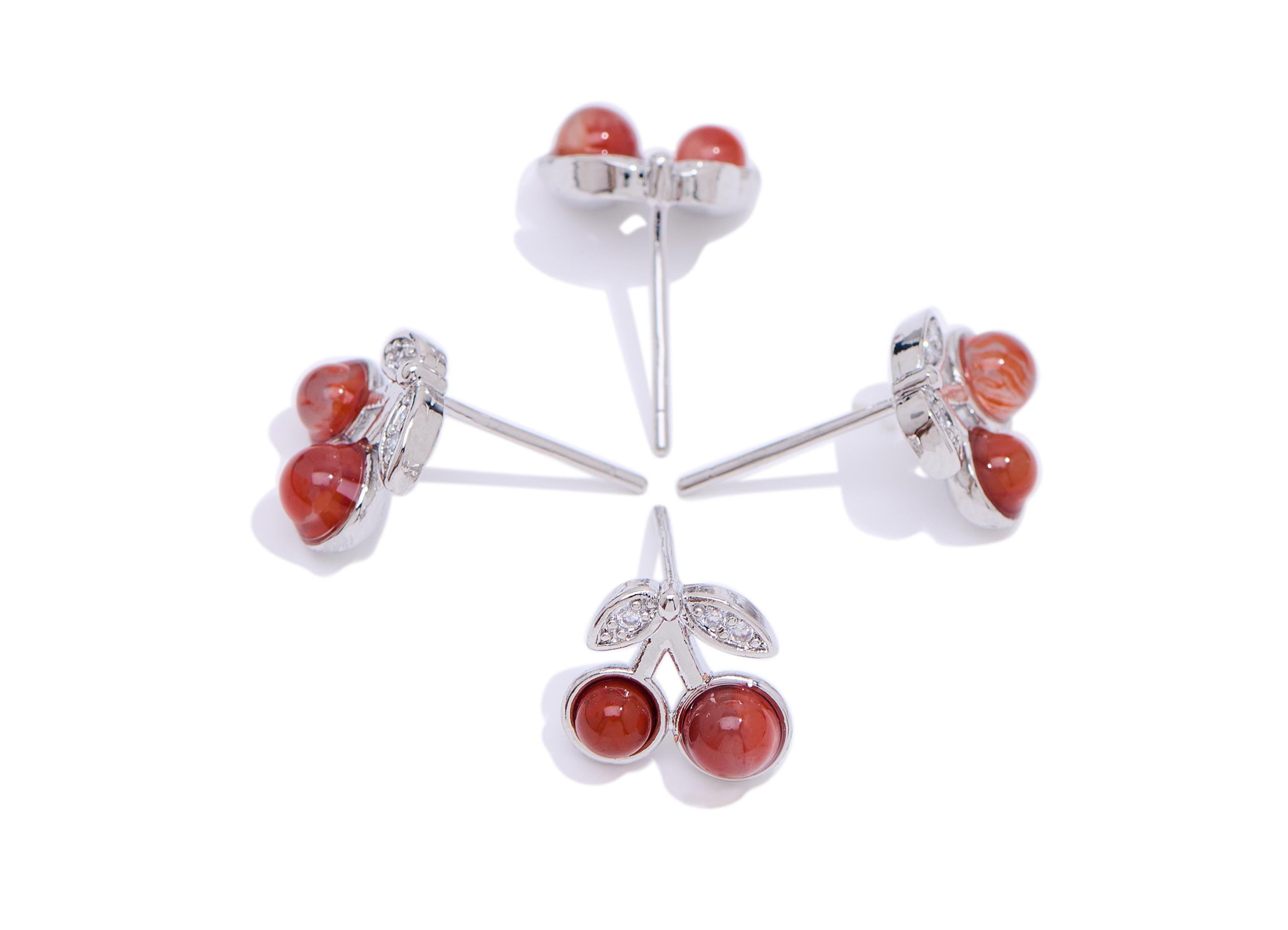Red Agate Cherry Earring Stud - Brass Stone Dainty Fruit Earring - Dainty Jewelry Making For Woman - White K Plated - 10x8x4mm - NS2563 - DOMEDBAZAAR