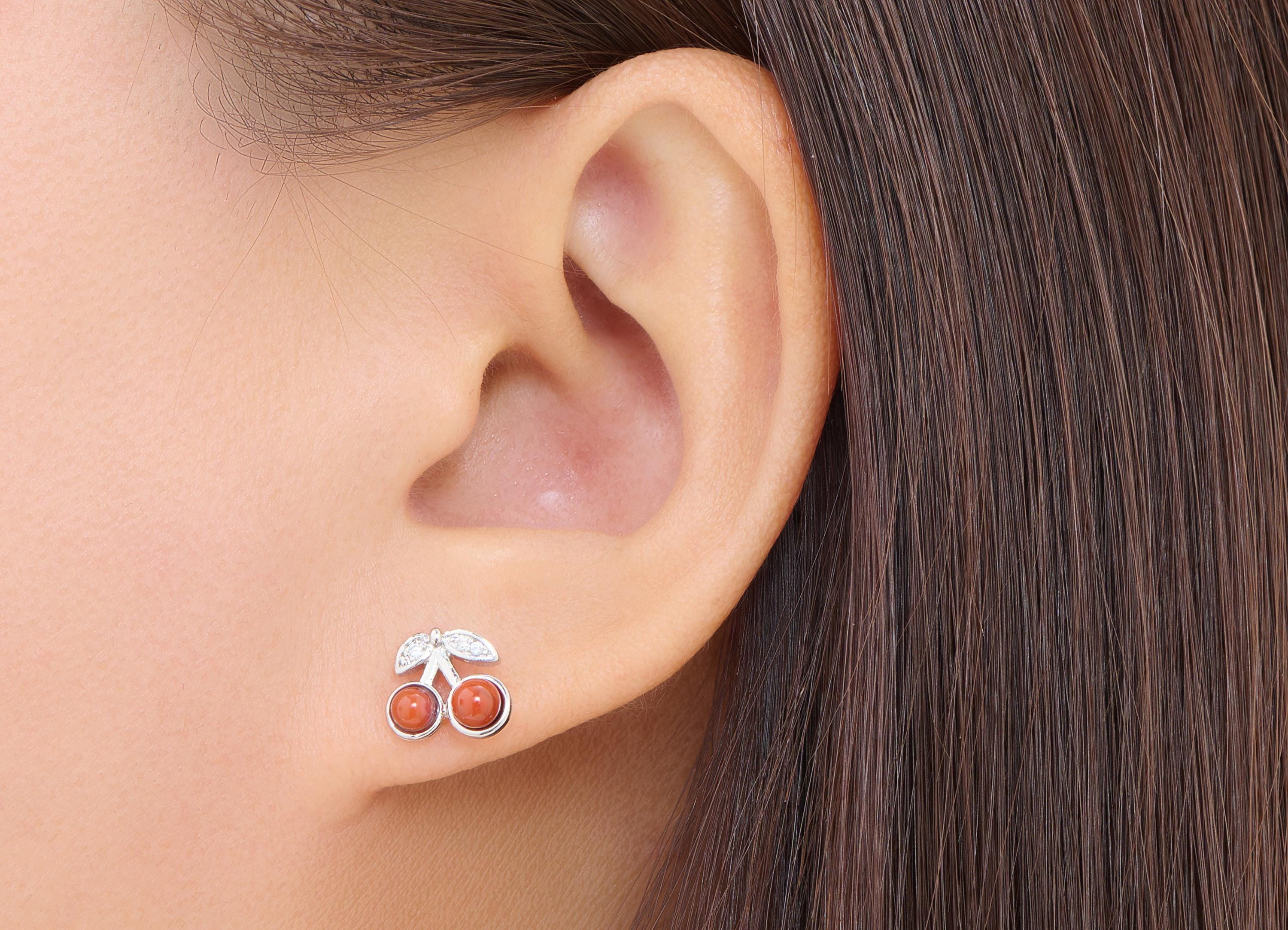 Red Agate Cherry Earring Stud - Brass Stone Dainty Fruit Earring - Dainty Jewelry Making For Woman - White K Plated - 10x8x4mm - NS2563 - DOMEDBAZAAR