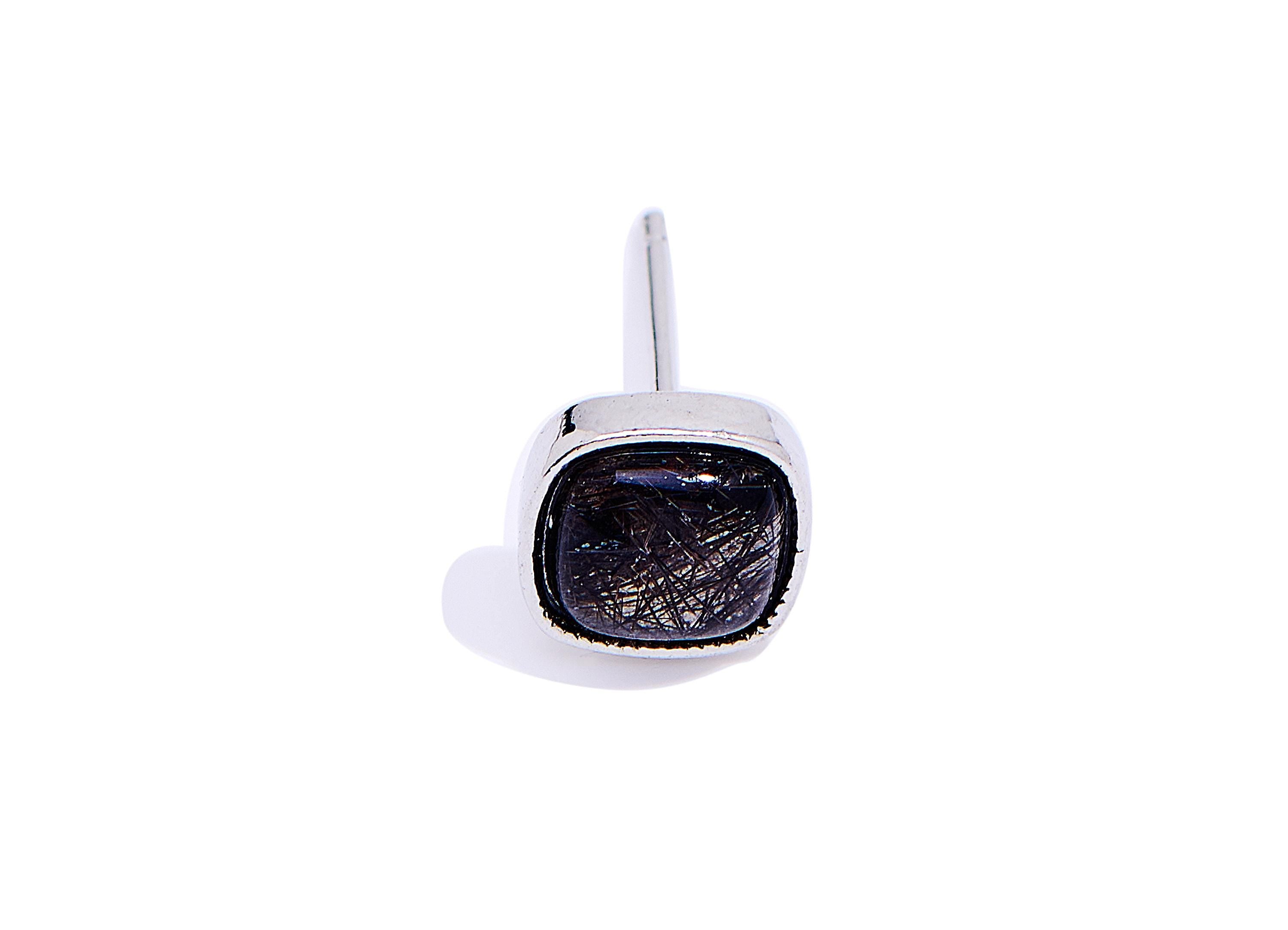 Brass Square Earring Stud - Silver Hairite Natural Stone Gemstone Post - Petite Jewelry - Silver Stud - White K Plated - 7x7x3.5mm - NS2555 - DOMEDBAZAAR