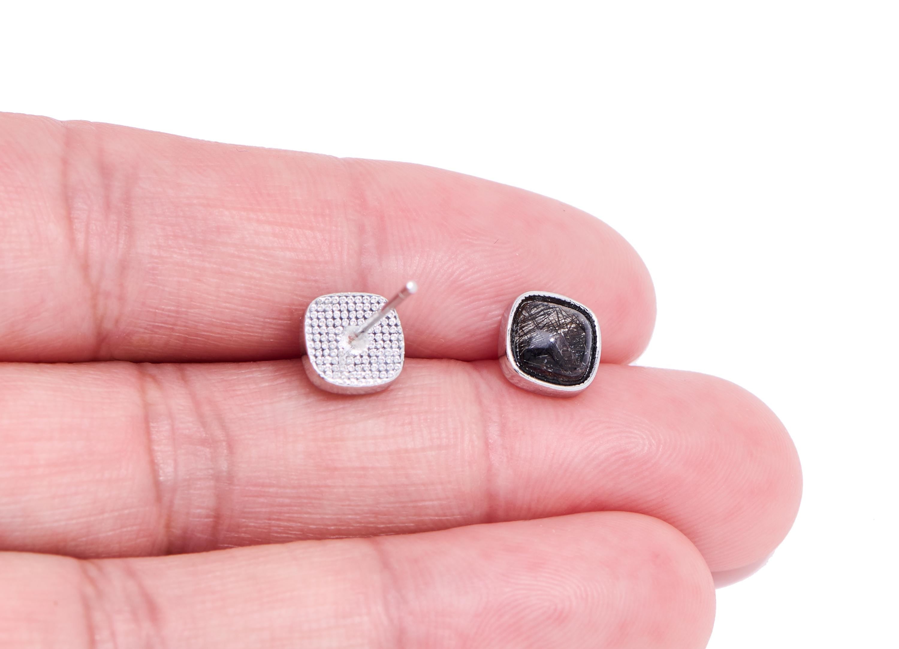 Brass Square Earring Stud - Silver Hairite Natural Stone Gemstone Post - Petite Jewelry - Silver Stud - White K Plated - 7x7x3.5mm - NS2555 - DOMEDBAZAAR