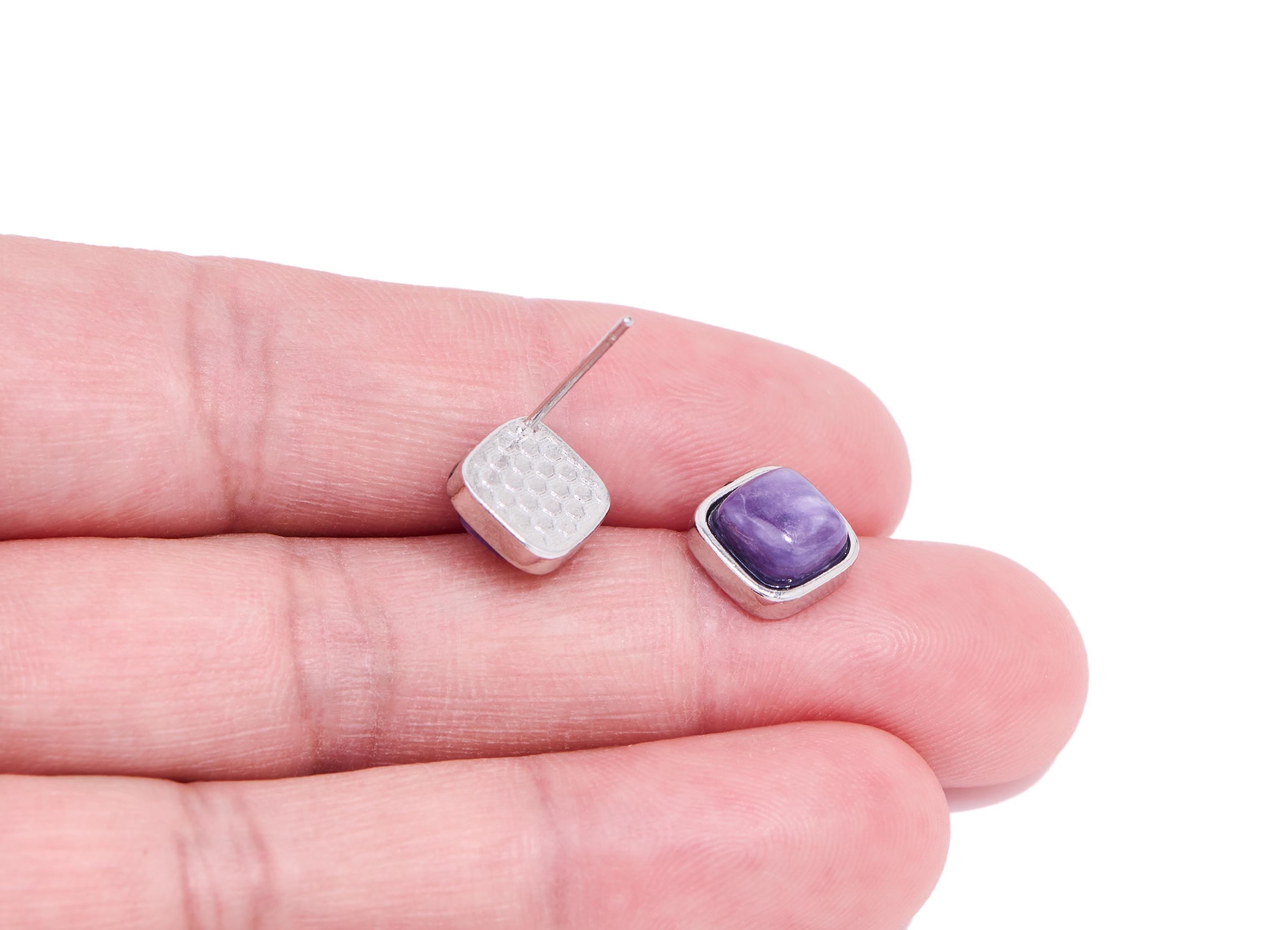 Charoite Brass Square Earring Stud - Silver Natural Stone Gemstone Post - Dainty Jewelry - Silver Stud - White K Plated - 8.7x8.7x4mm-NS2557 - DOMEDBAZAAR