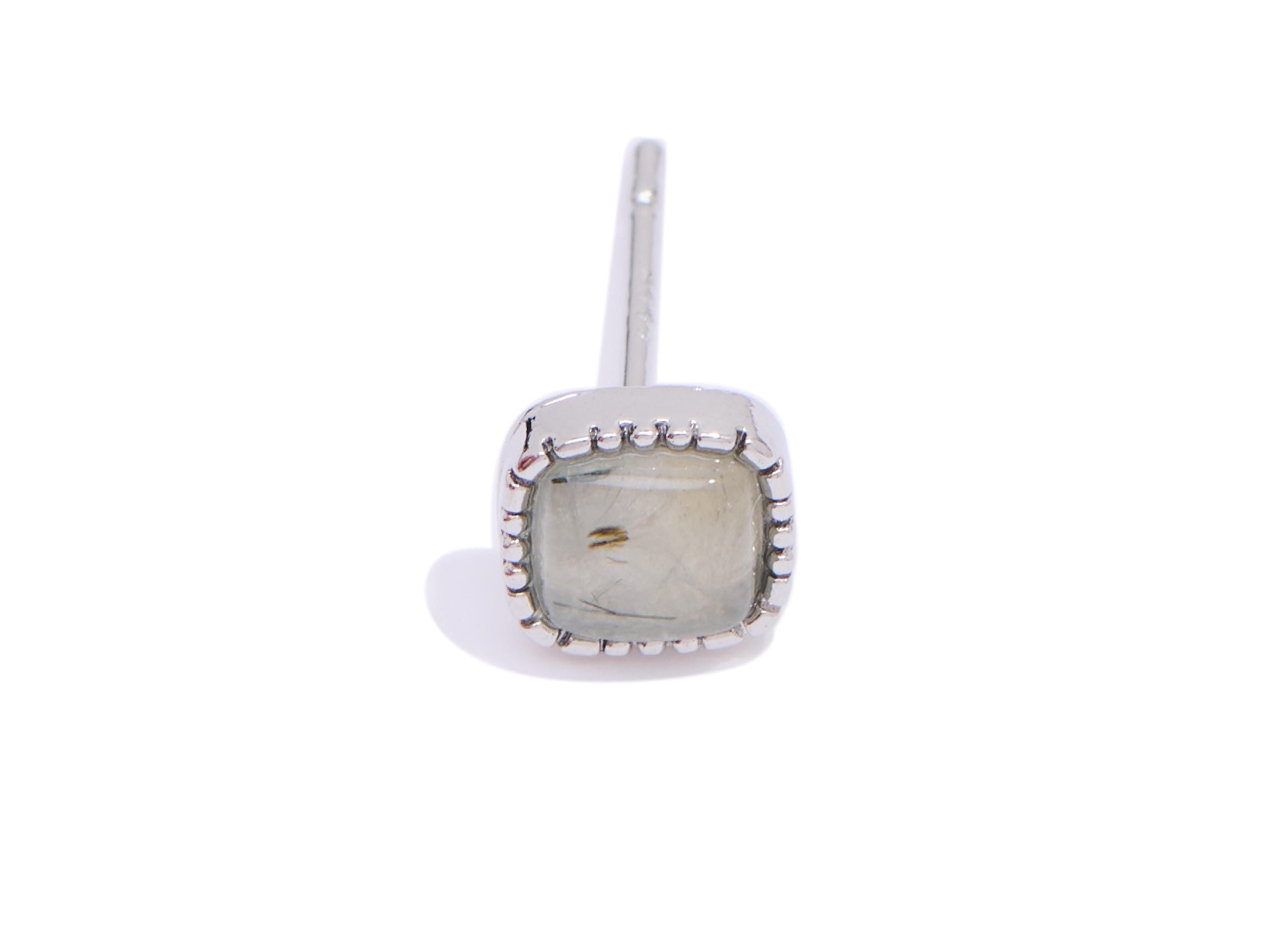 Prehnite Square Earring Stud - Brass Natural Stone Lux Earring Post - Dainty Everyday Wear Jewelry Making - White K Plated - 6x6x2mm -NS2559 - DOMEDBAZAAR