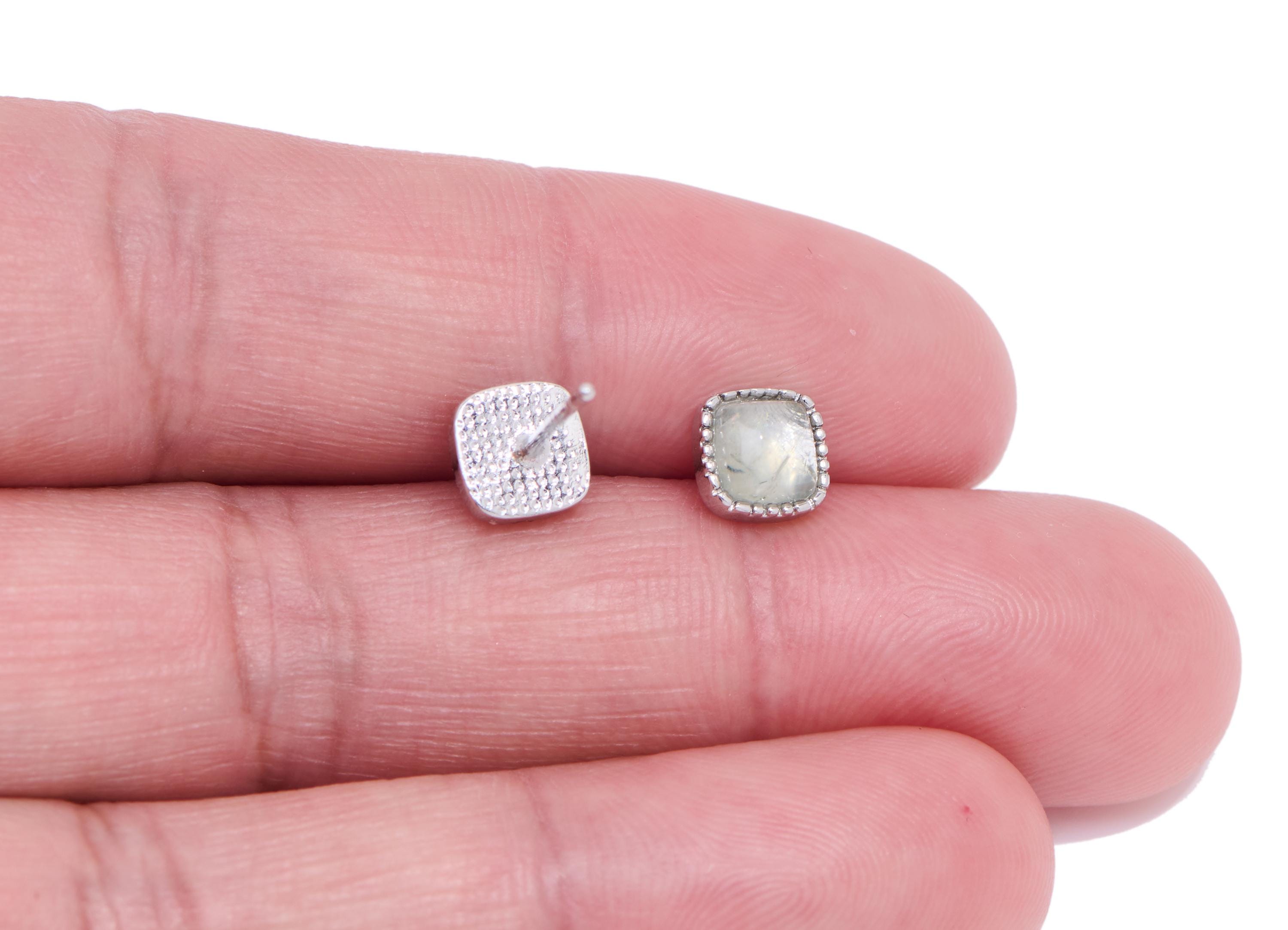 Prehnite Square Earring Stud - Brass Natural Stone Lux Earring Post - Dainty Everyday Wear Jewelry Making - White K Plated - 6x6x2mm -NS2559 - DOMEDBAZAAR