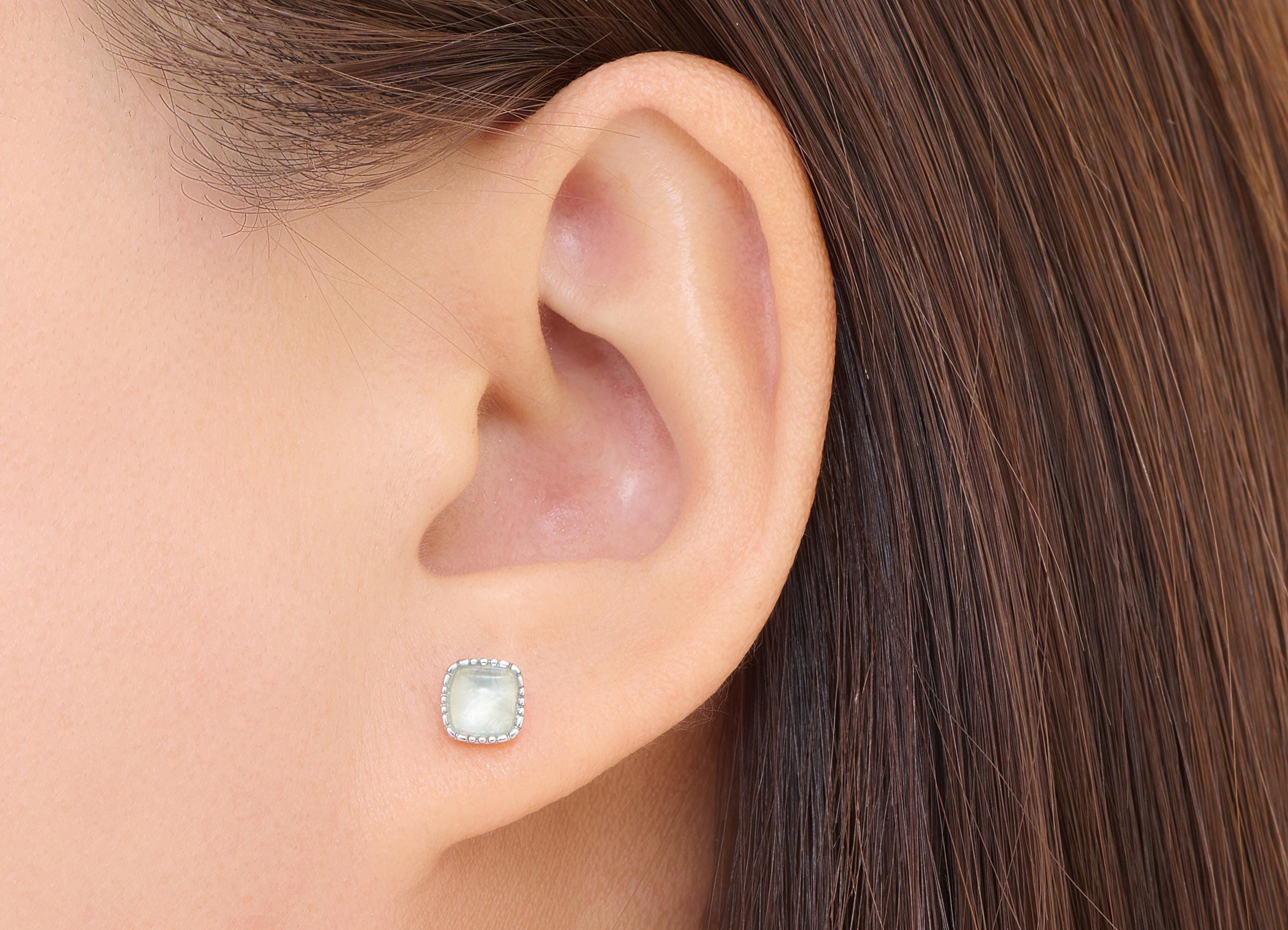 Prehnite Square Earring Stud - Brass Natural Stone Lux Earring Post - Dainty Everyday Wear Jewelry Making - White K Plated - 6x6x2mm -NS2559 - DOMEDBAZAAR