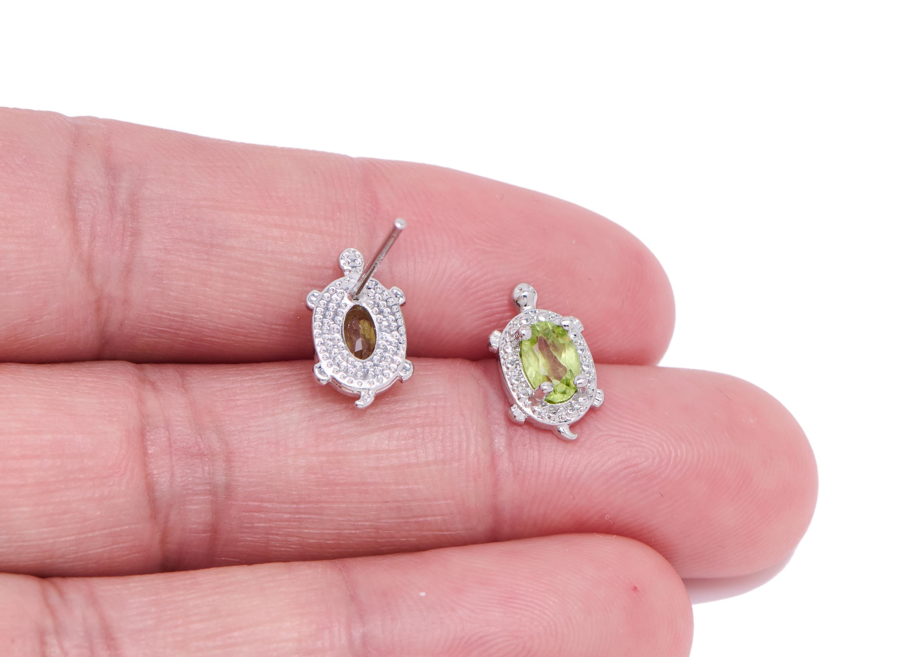 Olivine Turtle Earring Stud - Brass Natural Stone Cute Earring Post - Dainty Everyday Wear Jewelry Making - White K Plated - 12x7x3mm-NS2609 - DOMEDBAZAAR