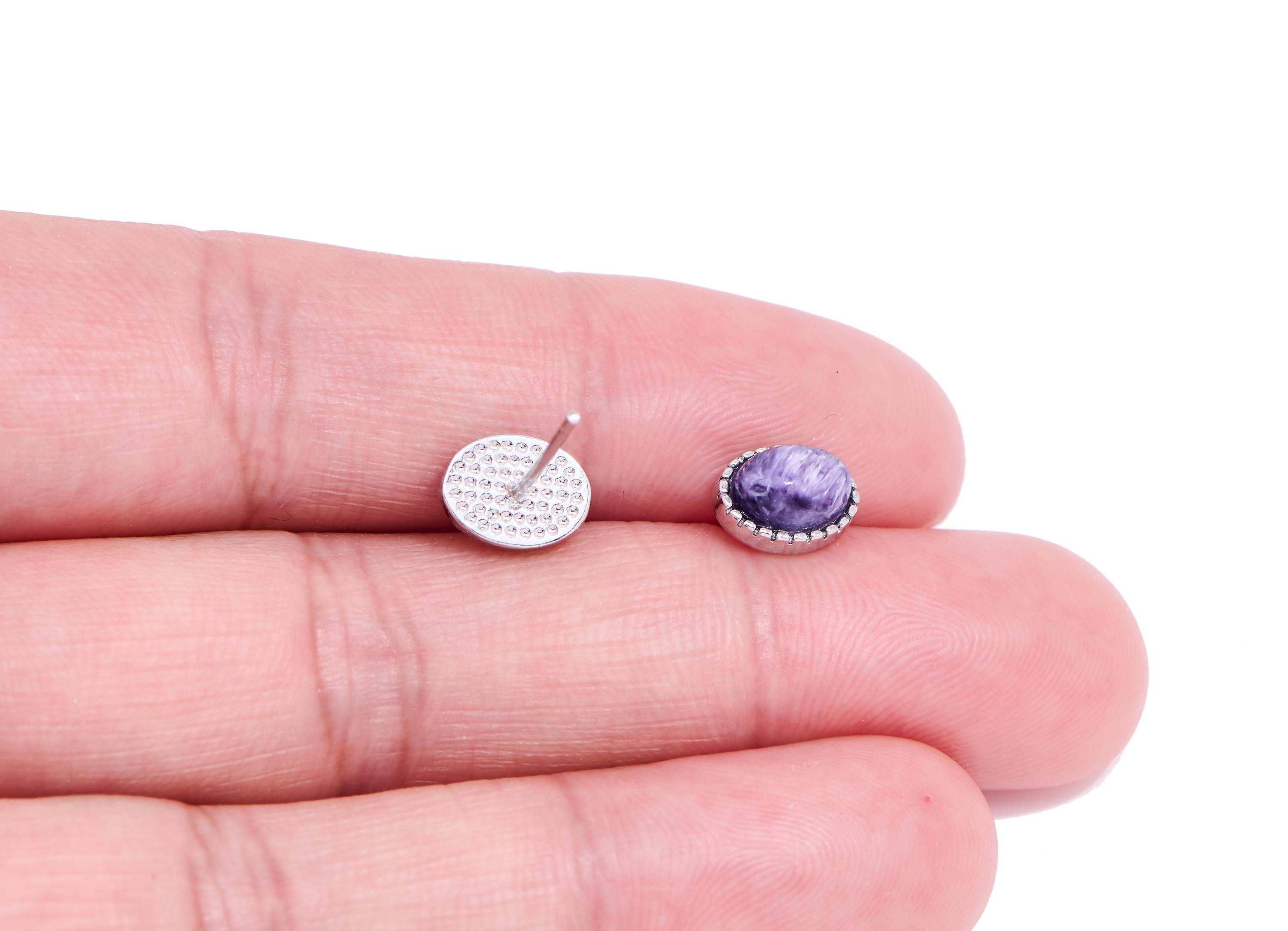 Charoite Brass Oval Earring Stud - Natural Gemstone Earring Post - Minimalist Jewelry - Silver Stud - White K Plated -8.35x6.4x3.54mm-NS2554 - DOMEDBAZAAR