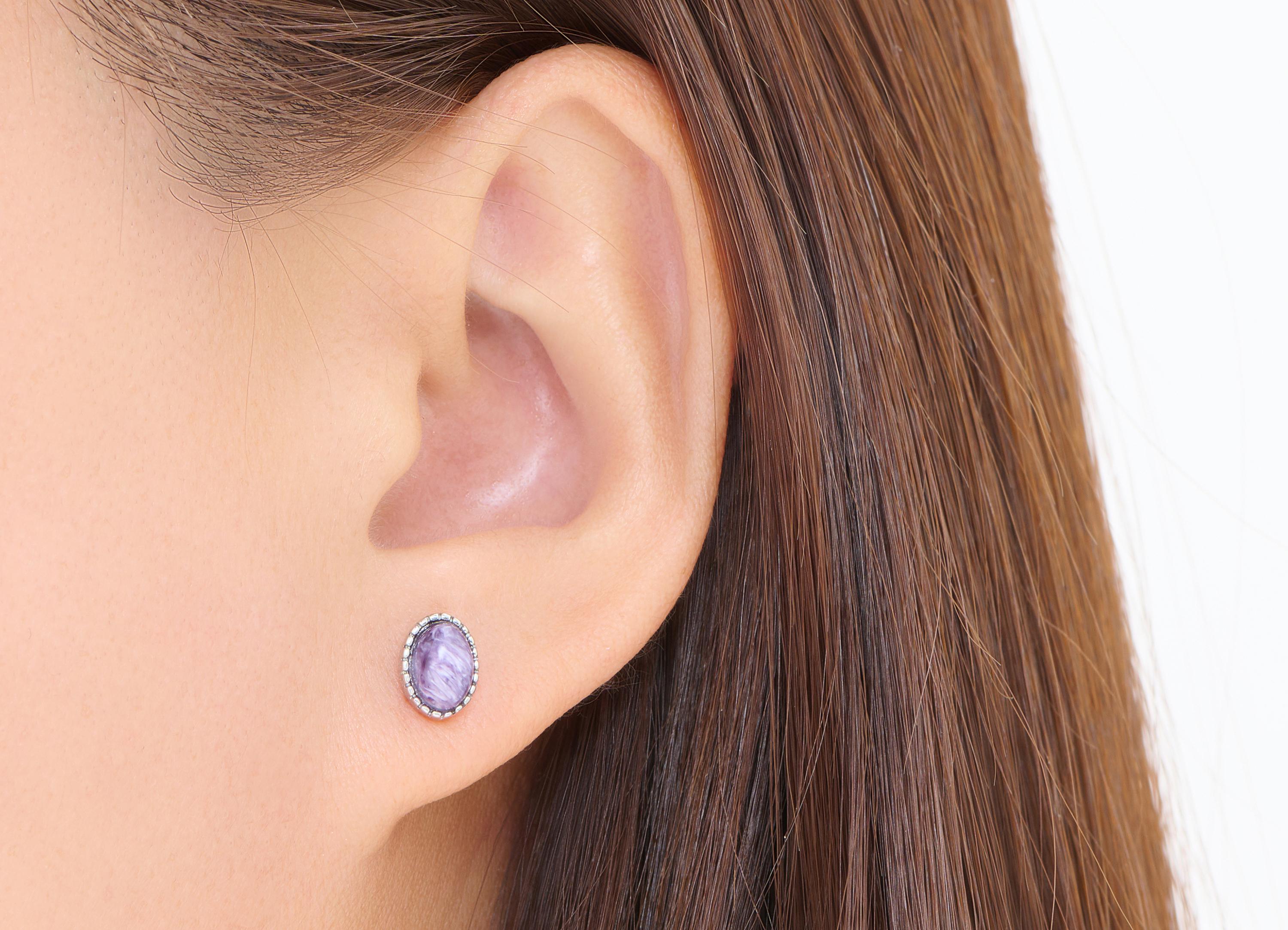 Charoite Brass Oval Earring Stud - Natural Gemstone Earring Post - Minimalist Jewelry - Silver Stud - White K Plated -8.35x6.4x3.54mm-NS2554 - DOMEDBAZAAR