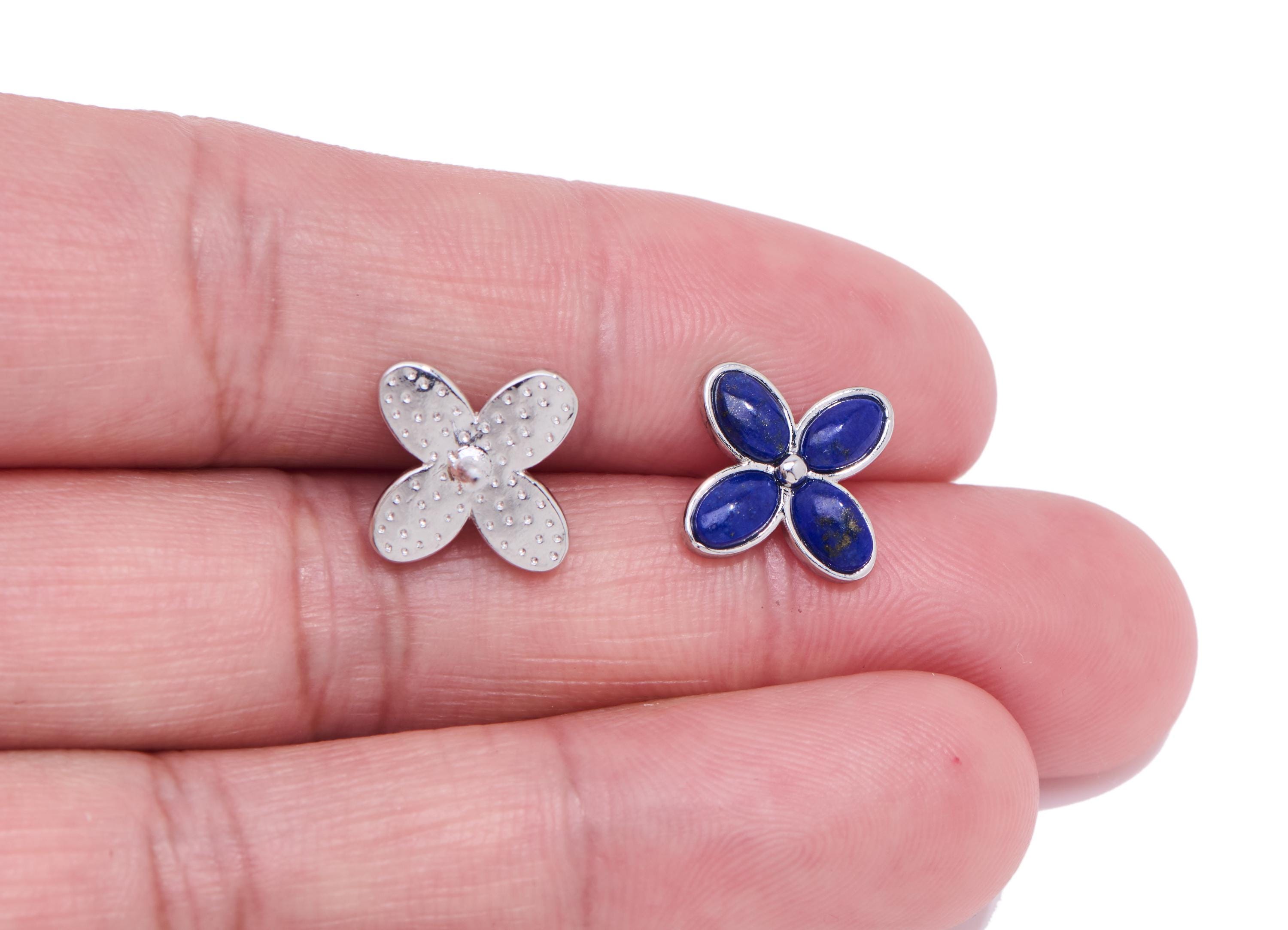 Lapis lazuli Heart Earring Stud - Brass Flower Vintage Looking Earring Post - Dainty Jewelry Making - White K Plated - 13x10x2.83mm - NS2599 - DOMEDBAZAAR