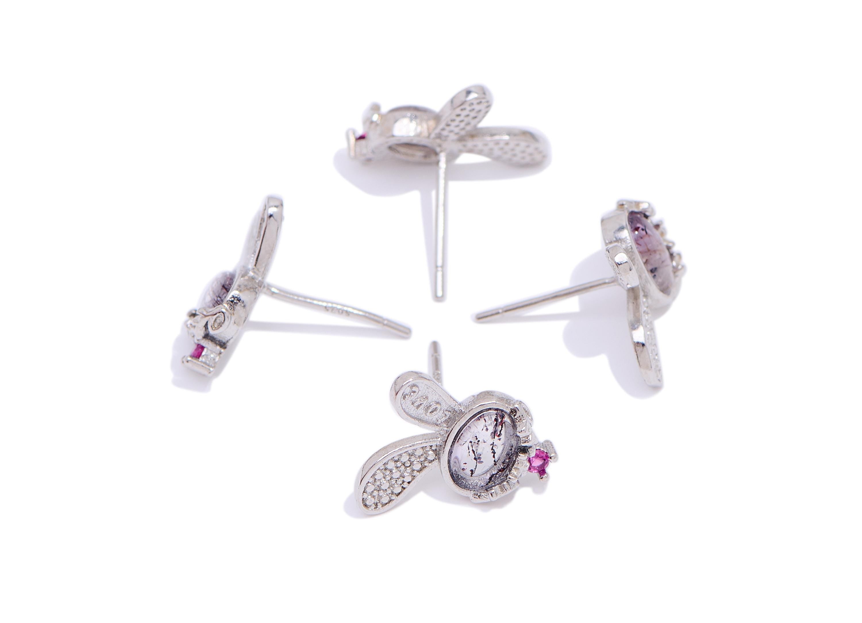 Super Seven Stone Rabbit Earring Stud - Brass Cute Rabbit Earring Post - Everyday Wear Jewelry Making - White K Plated - 12x10x3mm - NS2678 - DOMEDBAZAAR