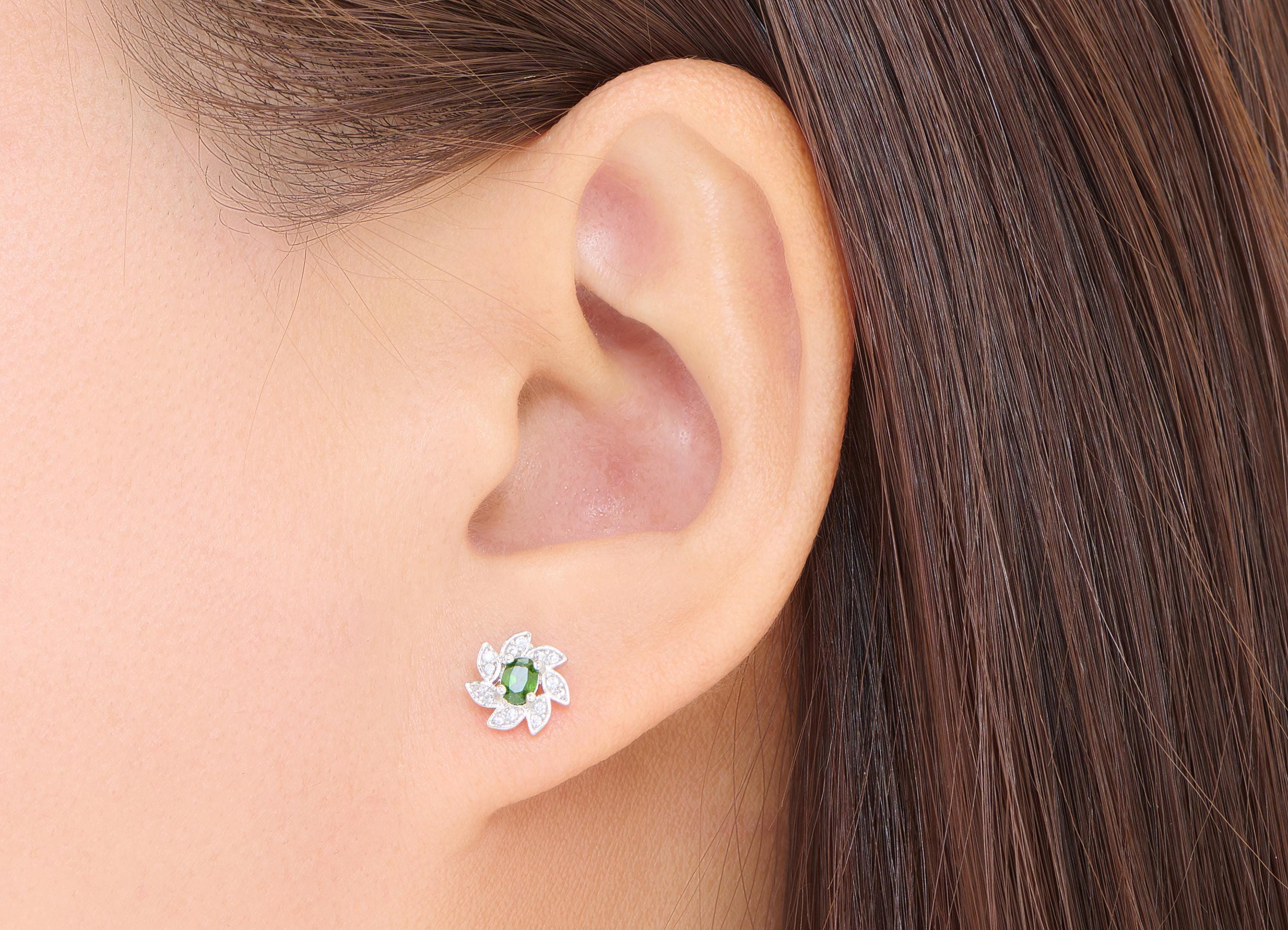 Diopside Floral Earring Stud - Brass Zircon Sparking Earring Post - Everyday Wear Jewelry Making - White K Plated - 8.4x8.47x3.1mm - NS2642 - DOMEDBAZAAR