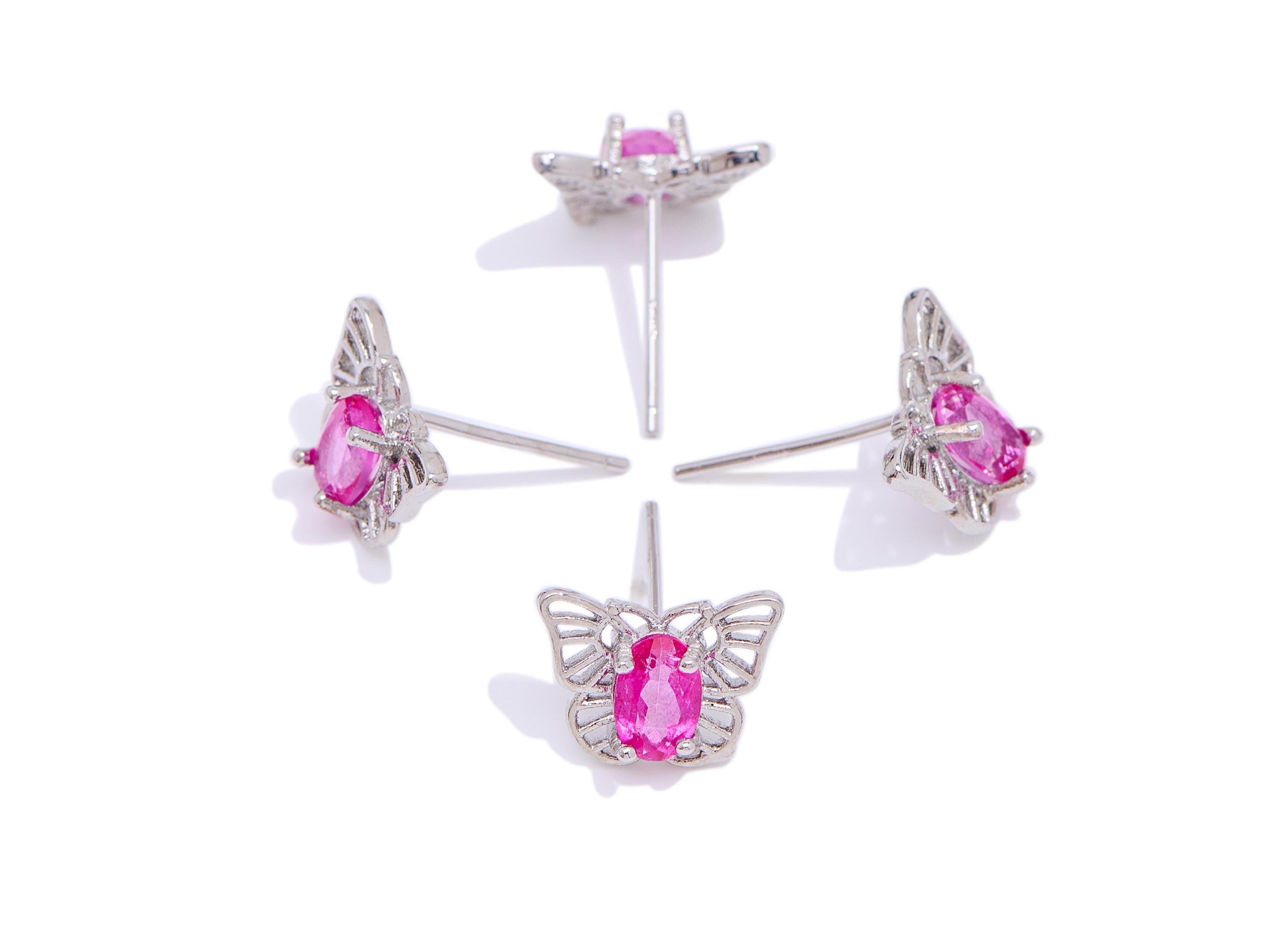 Topaz Brass Butterfly Earring Stud - Brass Oval Stone Earring Post - Dainty Jewelry Making - White K Plated - 11.34x8.75x3.91mm - NS2623 - DOMEDBAZAAR