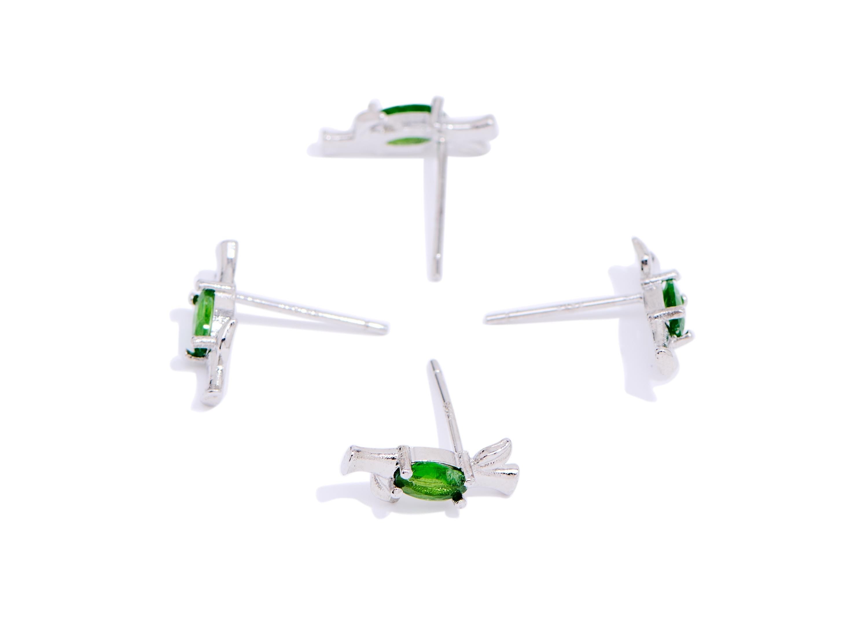 Diopside Stone Brass Bamboo Studs - Natural Gemstone Earring Post - Chic Jewelry - Silver Stud - White K Plated - 12.18x5.2x2.67mm - NS2641 - DOMEDBAZAAR