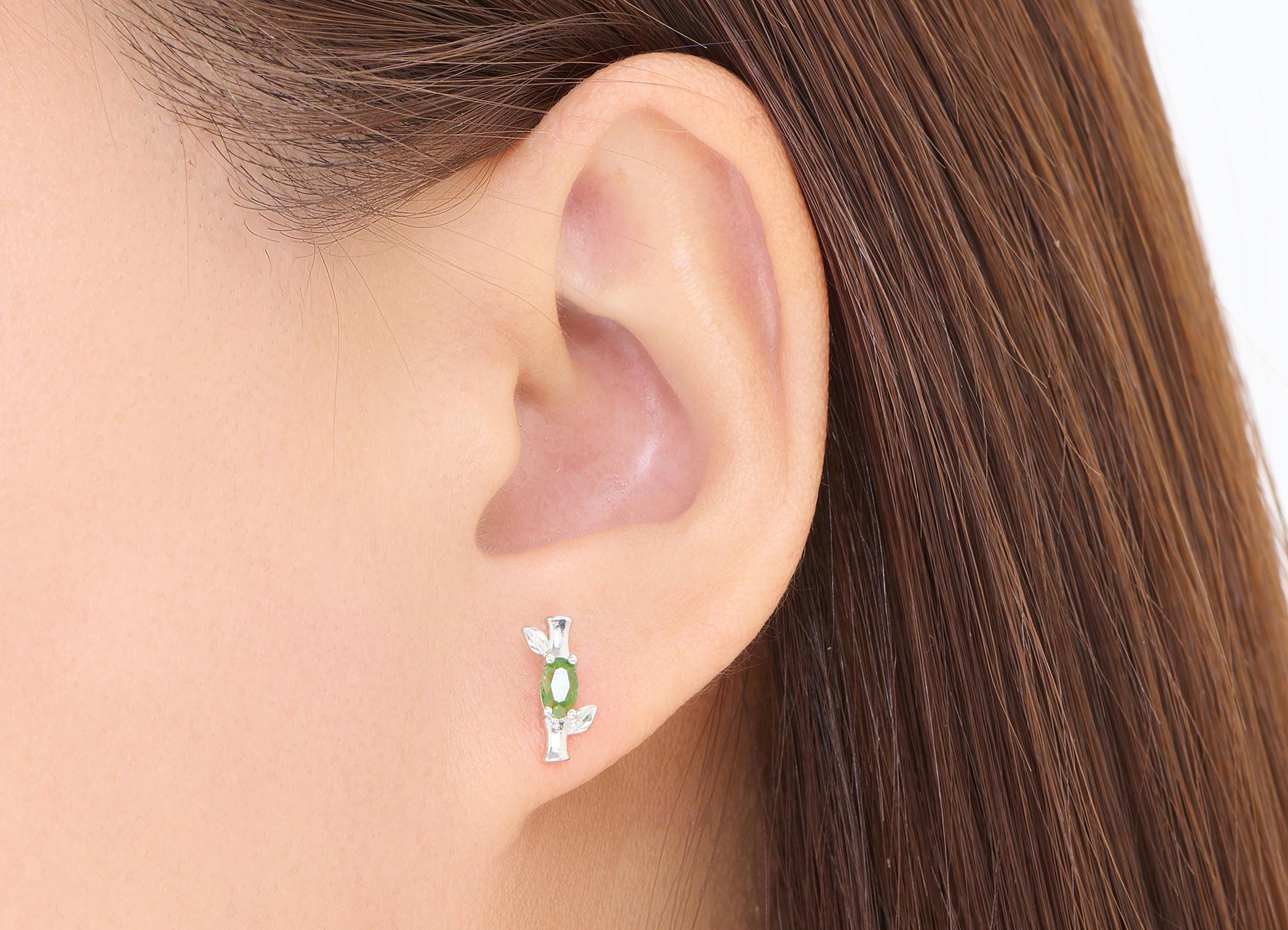 Diopside Stone Brass Bamboo Studs - Natural Gemstone Earring Post - Chic Jewelry - Silver Stud - White K Plated - 12.18x5.2x2.67mm - NS2641 - DOMEDBAZAAR