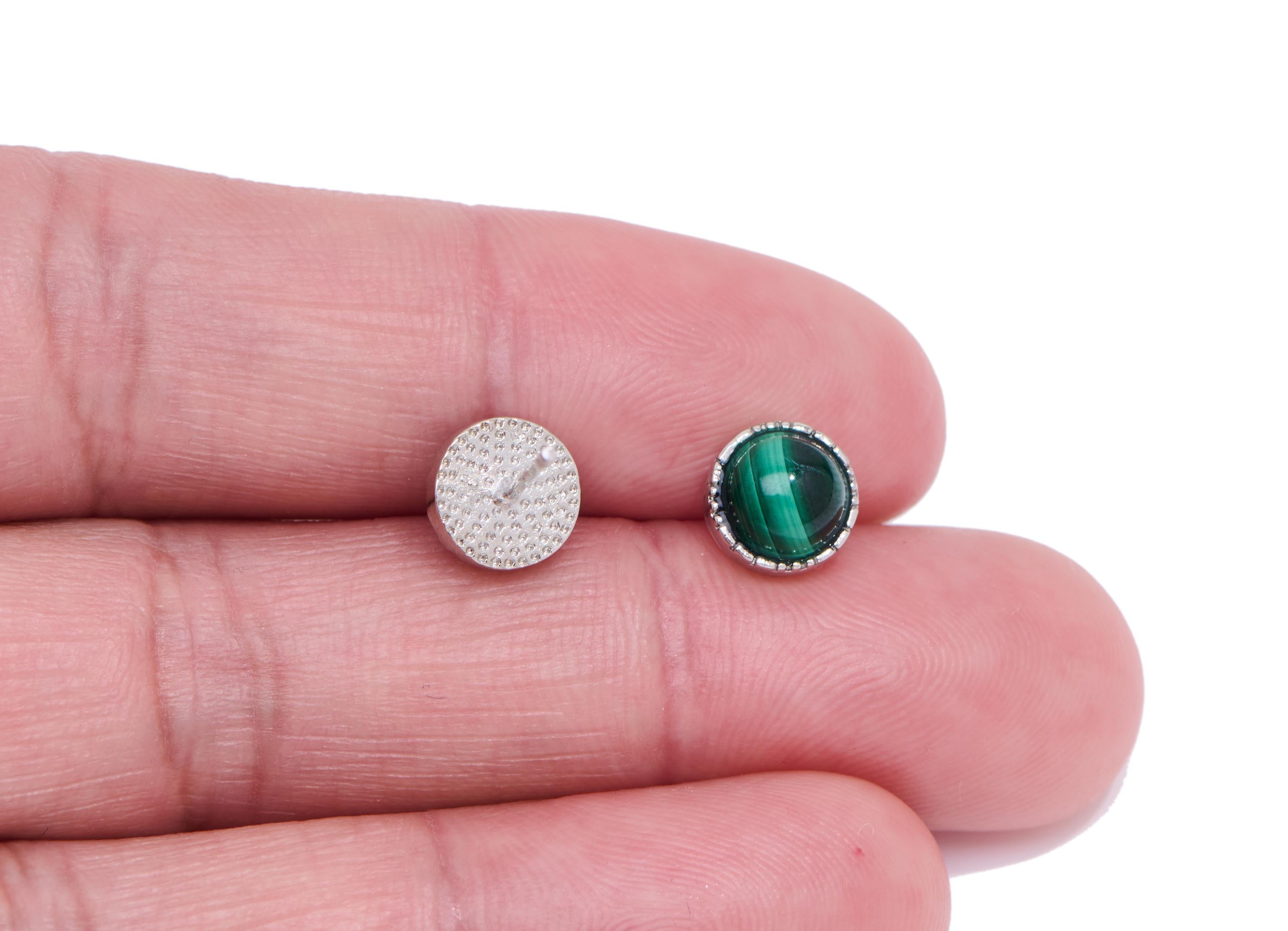 Malachite Stone Earring Stud - Brass Vintage Looking Earring Post - Everyday Wear Jewelry Making - White K Plated - 7.46x7x4.24mm - NS2556 - DOMEDBAZAAR