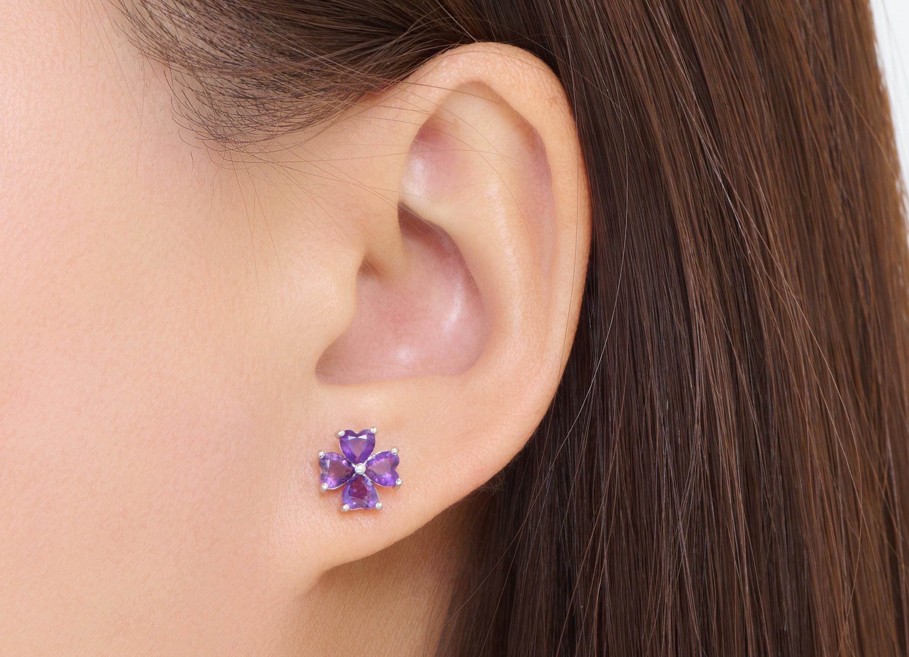 Amethyst Stone Floral Earring Stud - Sparking Brass Heart Stone Post - Jewelry Making - Silver Stud - White K Plated - 10x9.5x3.94mm -NS2665 - DOMEDBAZAAR