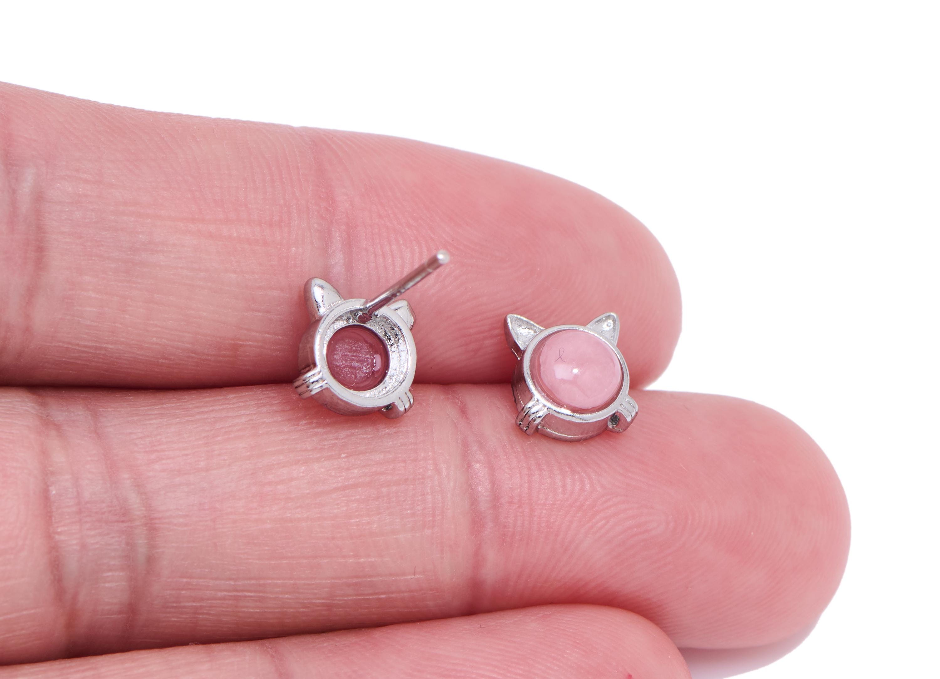Rhodendron Stone Earring Stud - Brass Cute Cat Stone Earring Post - Minimalist Dainty Jewelry Making - White K Plated - 7.48x7x4mm - NS2565 - DOMEDBAZAAR