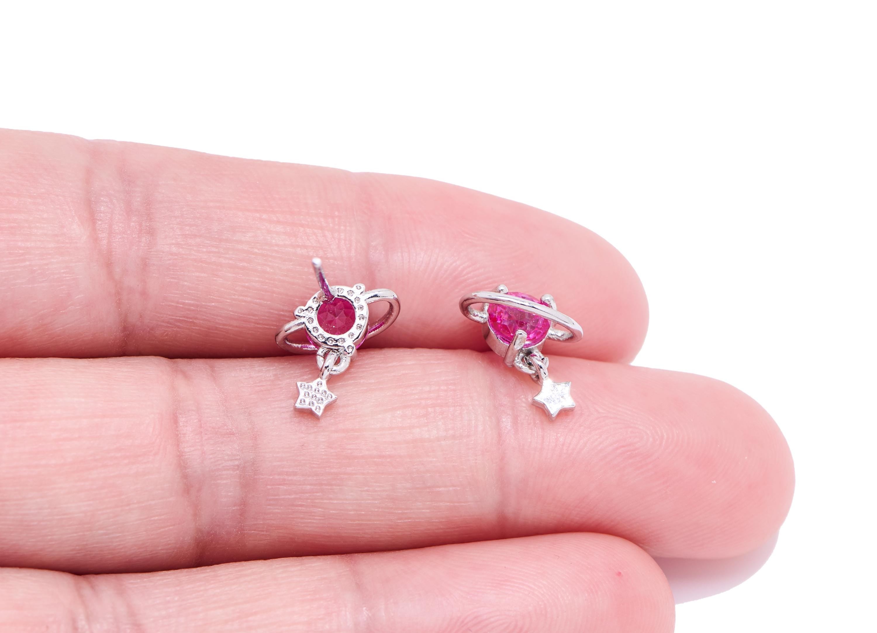 Topaz Brass Dangle Stud - Round Planet Gemstone Earring Post - Refined Jewelry Making - Silver Stud - White K Plated - 11x9.8x5mm - NS2622 - DOMEDBAZAAR