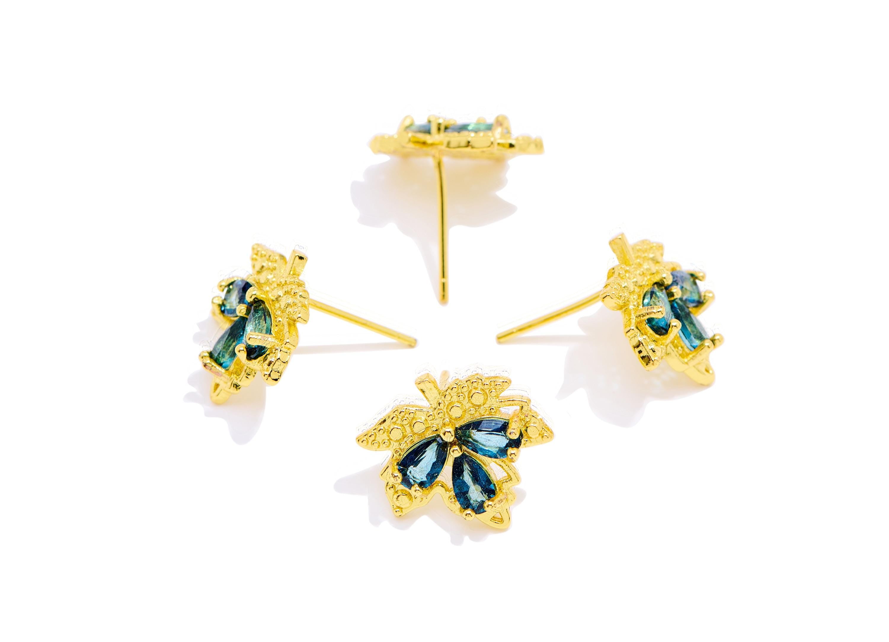 Topaz Maple Leaf Earring Stud - Sparking Gold Brass Gemstone Post - Jewelry Making - Silver Stud - White K Plated - 14.8x13.85x3.3mm -NS2584 - DOMEDBAZAAR